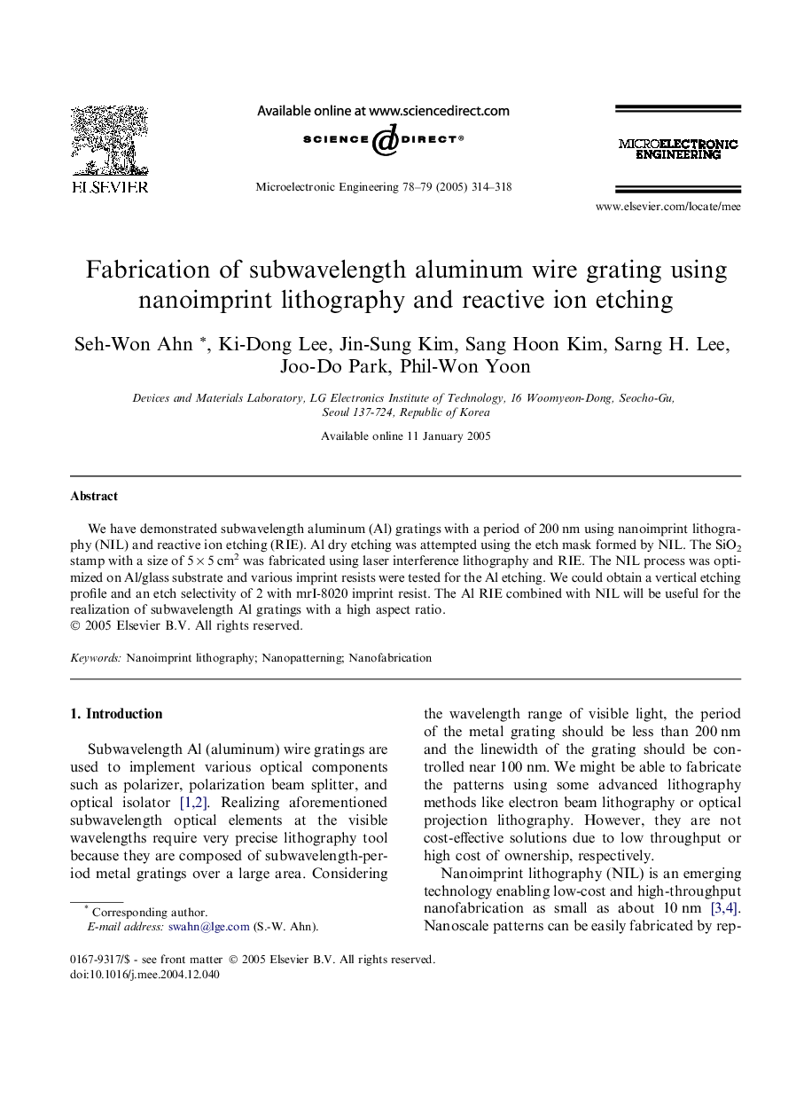 عکس صفحه اول مقاله: Fabrication of subwavelength aluminum wire grating using nanoimprint lithography and reactive ion etching Fabrication of subwavelength aluminum wire grating using nanoimprint lithography and reactive ion etching