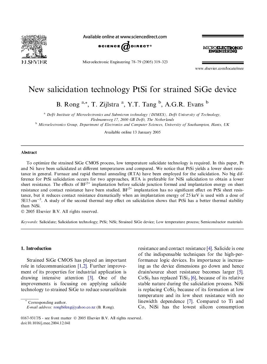 New salicidation technology PtSi for strained SiGe device