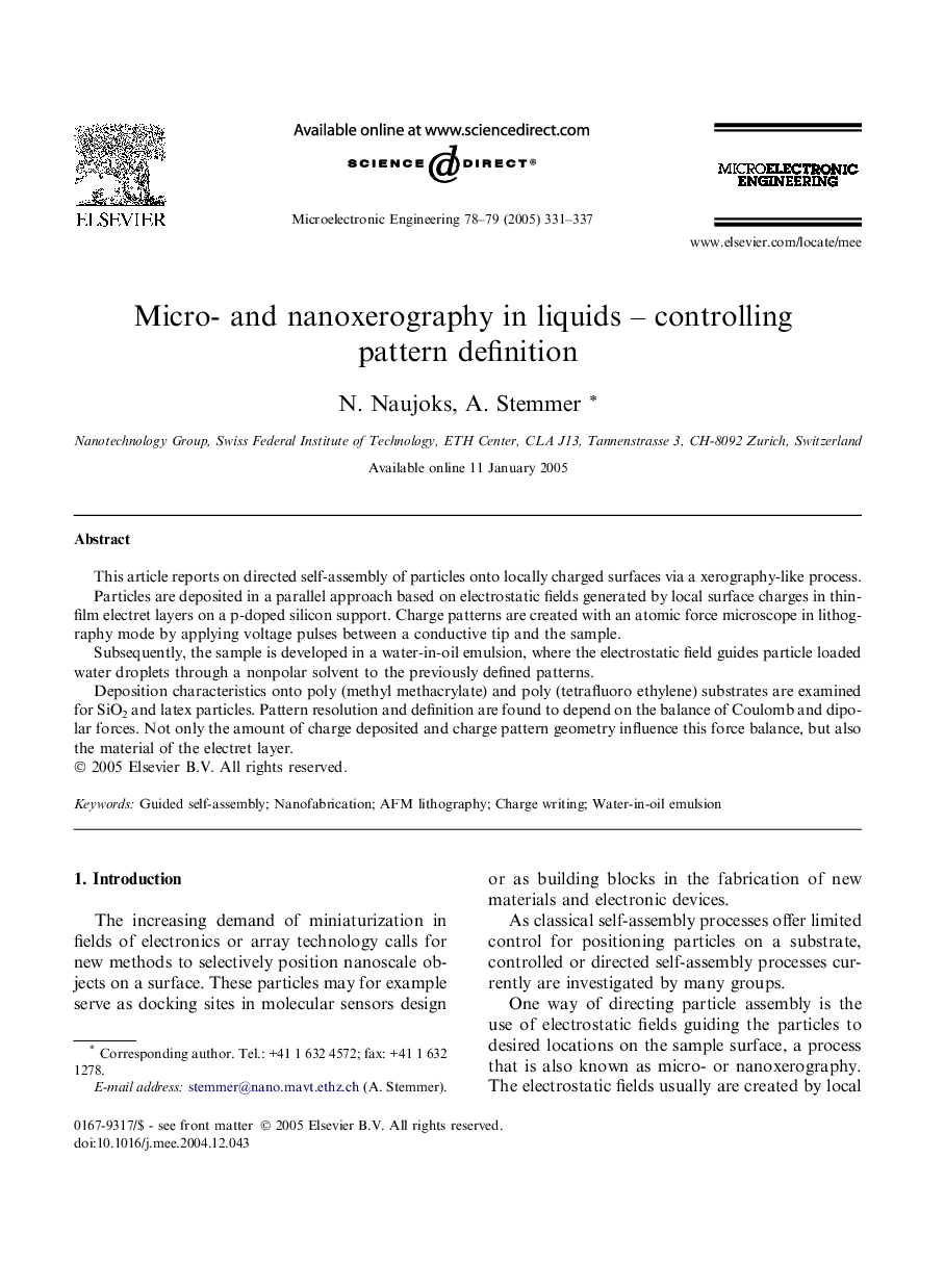 Micro- and nanoxerography in liquids - controlling pattern definition