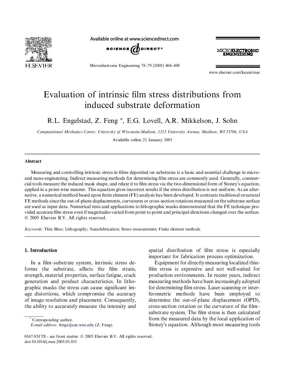 عکس صفحه اول مقاله: Evaluation of intrinsic film stress distributions from induced substrate deformation Evaluation of intrinsic film stress distributions from induced substrate deformation