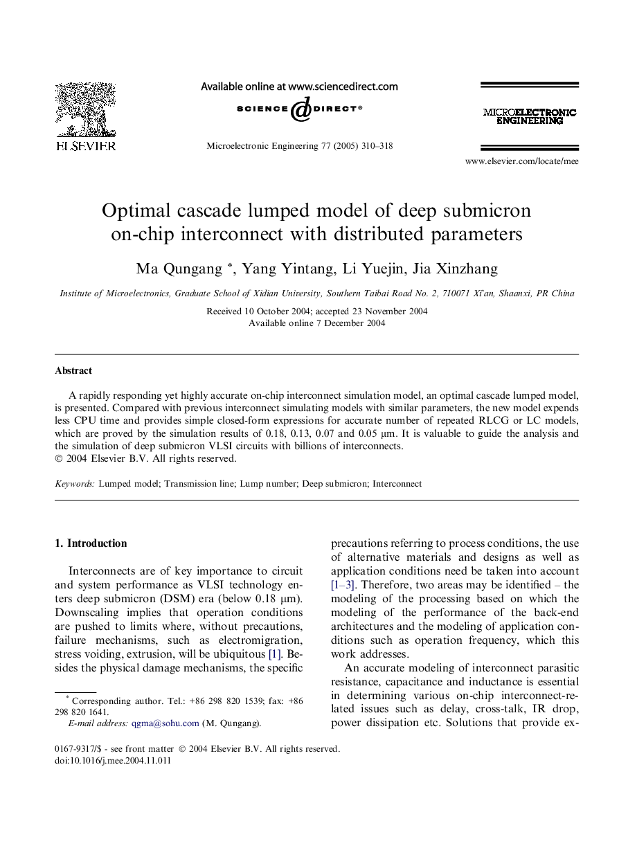 Optimal cascade lumped model of deep submicron on-chip interconnect with distributed parameters