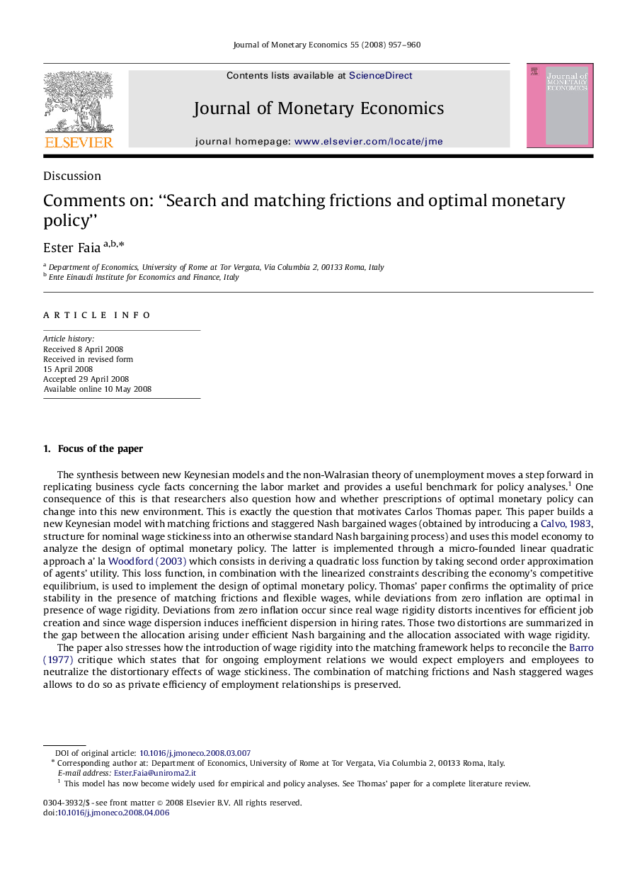 Comments on: “Search and matching frictions and optimal monetary policy”
