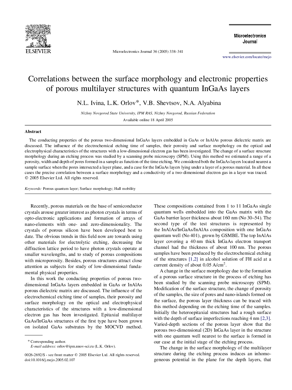 Correlations between the surface morphology and electronic properties of porous multilayer structures with quantum InGaAs layers