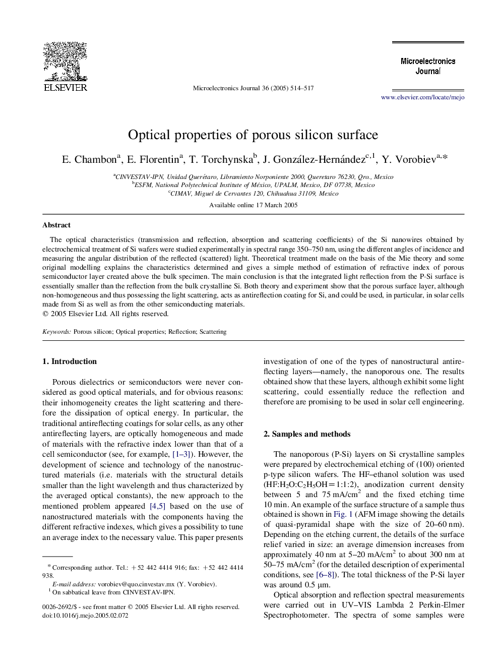 Optical properties of porous silicon surface