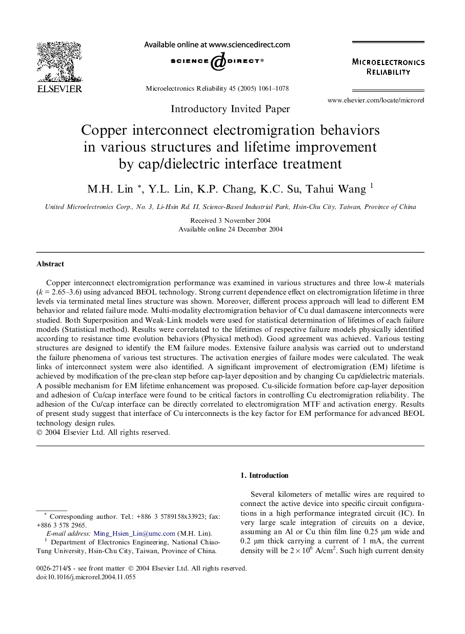 Copper interconnect electromigration behaviors in various structures and lifetime improvement by cap/dielectric interface treatment