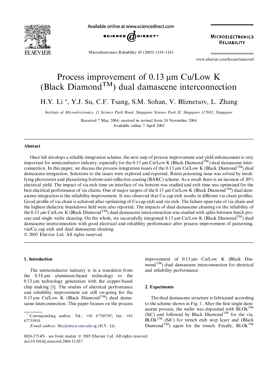 Process improvement of 0.13Â Î¼m Cu/Low K (Black DiamondTM) dual damascene interconnection