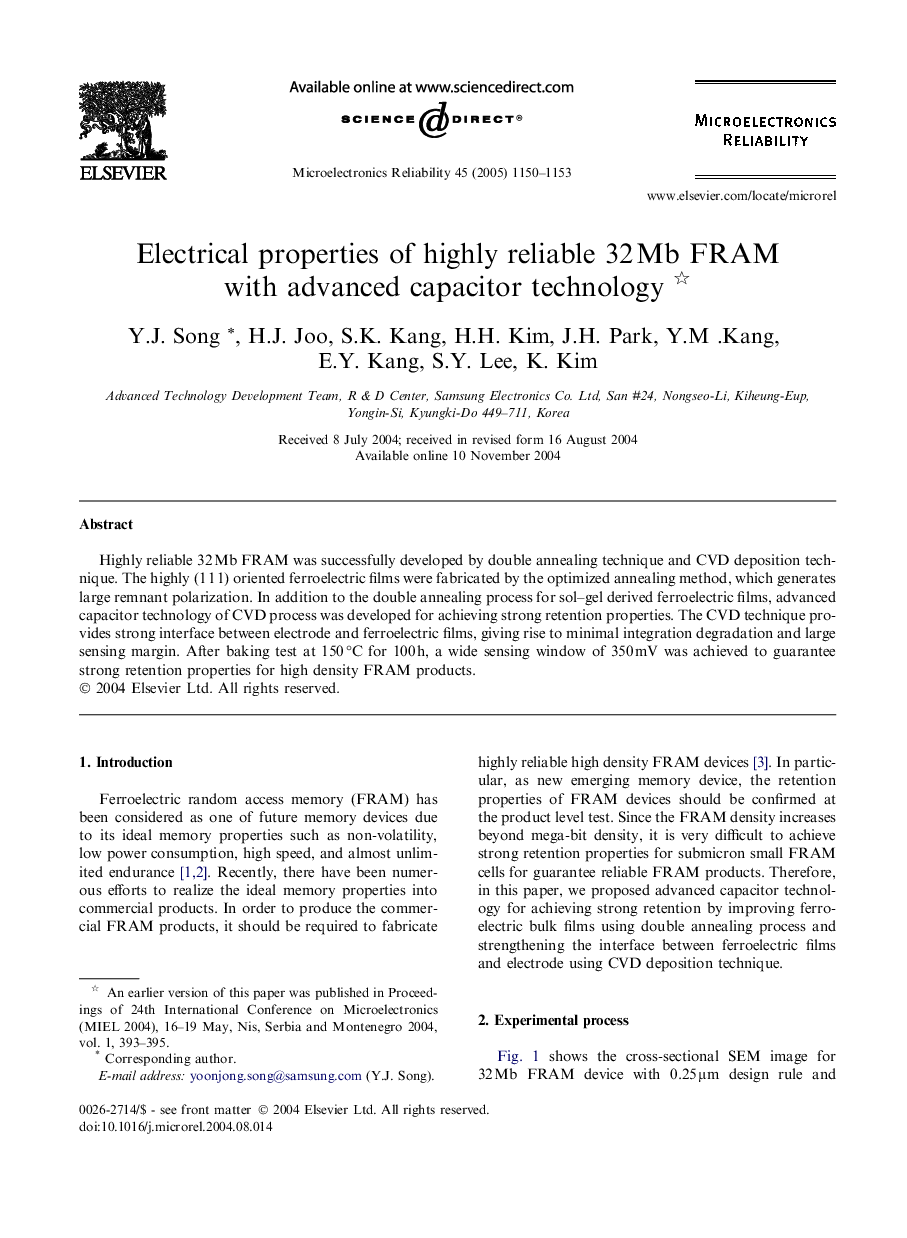 عکس صفحه اول مقاله: Electrical properties of highly reliable 32Â Mb FRAM with advanced capacitor technology Electrical properties of highly reliable 32Â Mb FRAM with advanced capacitor technology