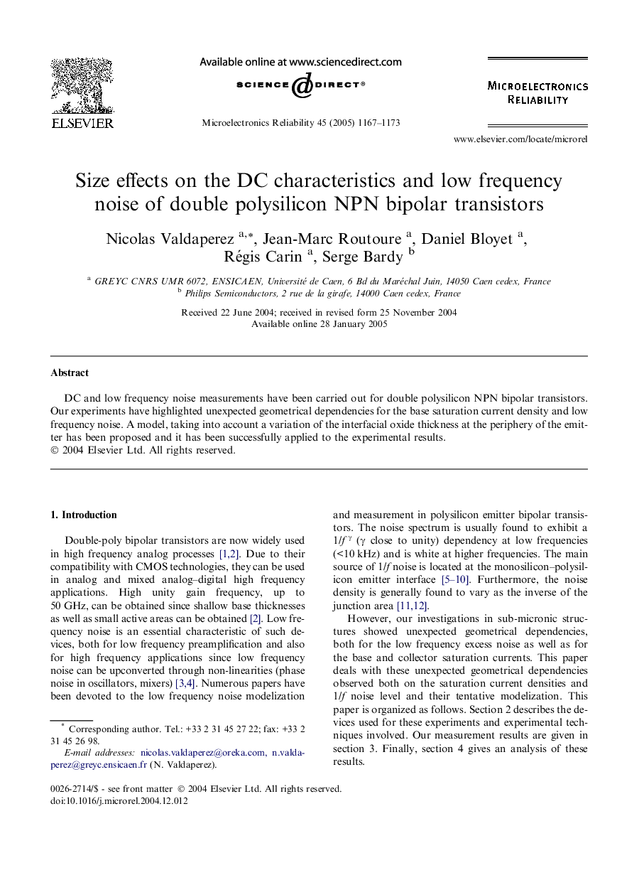 Size effects on the DC characteristics and low frequency noise of double polysilicon NPN bipolar transistors