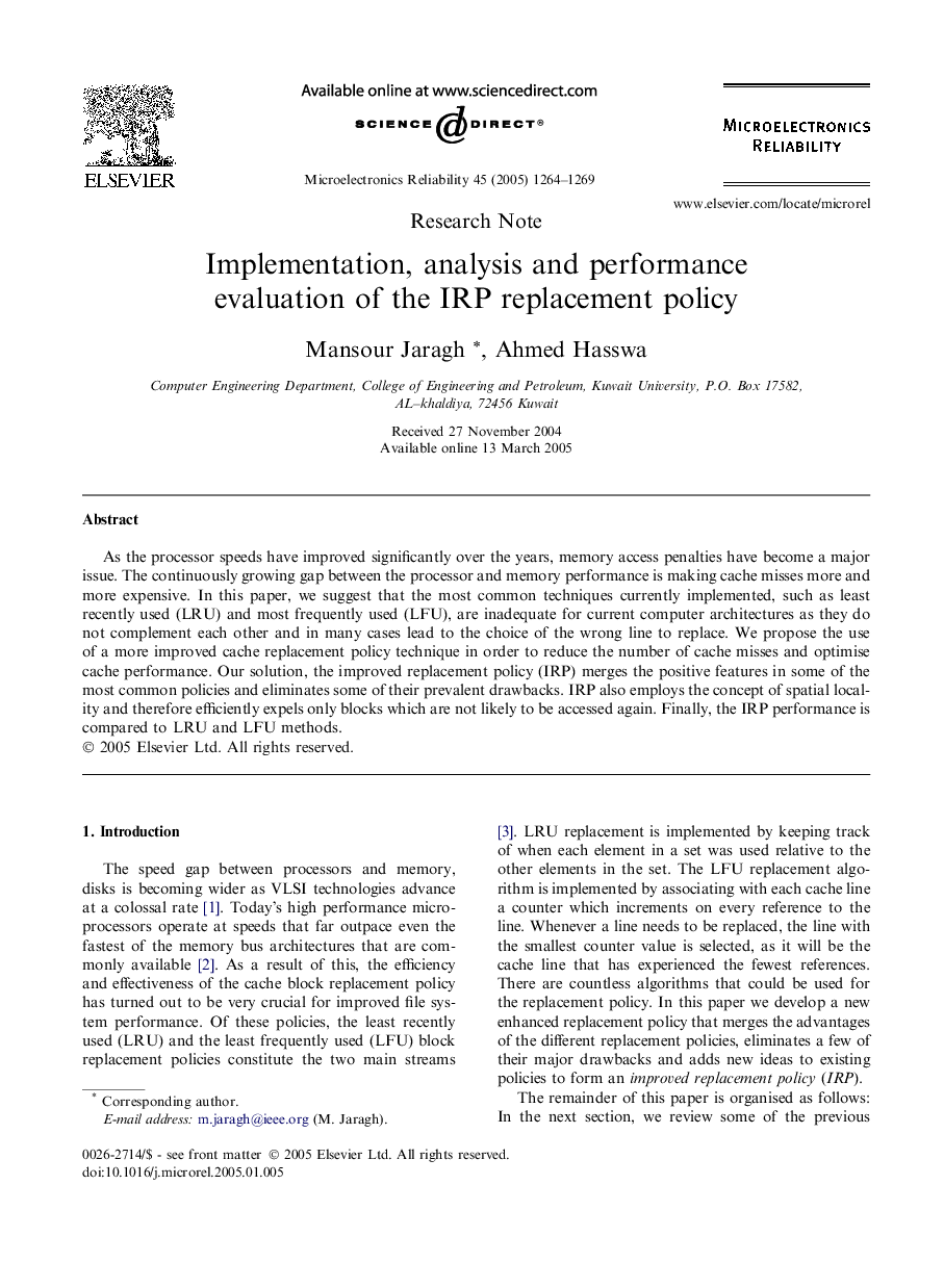 Implementation, analysis and performance evaluation of the IRP replacement policy