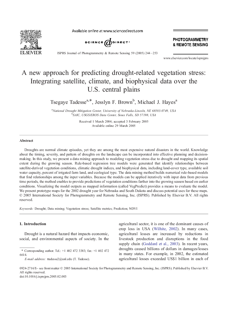 A new approach for predicting drought-related vegetation stress: Integrating satellite, climate, and biophysical data over the U.S. central plains