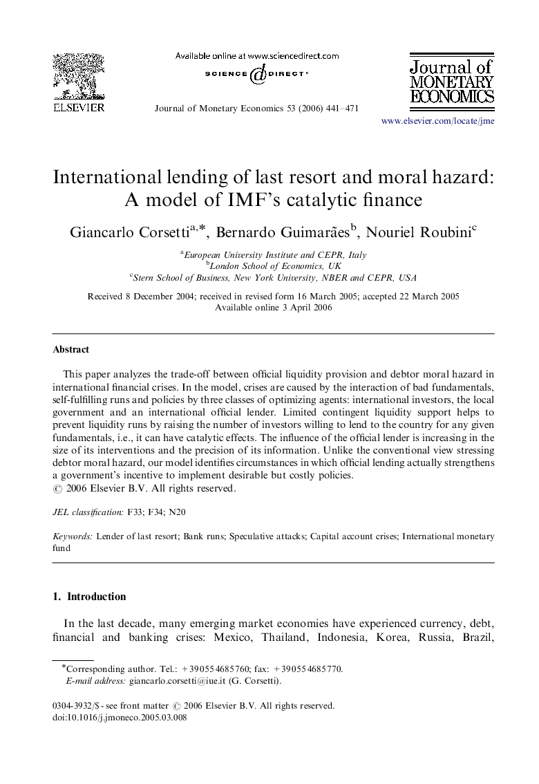 International lending of last resort and moral hazard: A model of IMF's catalytic finance