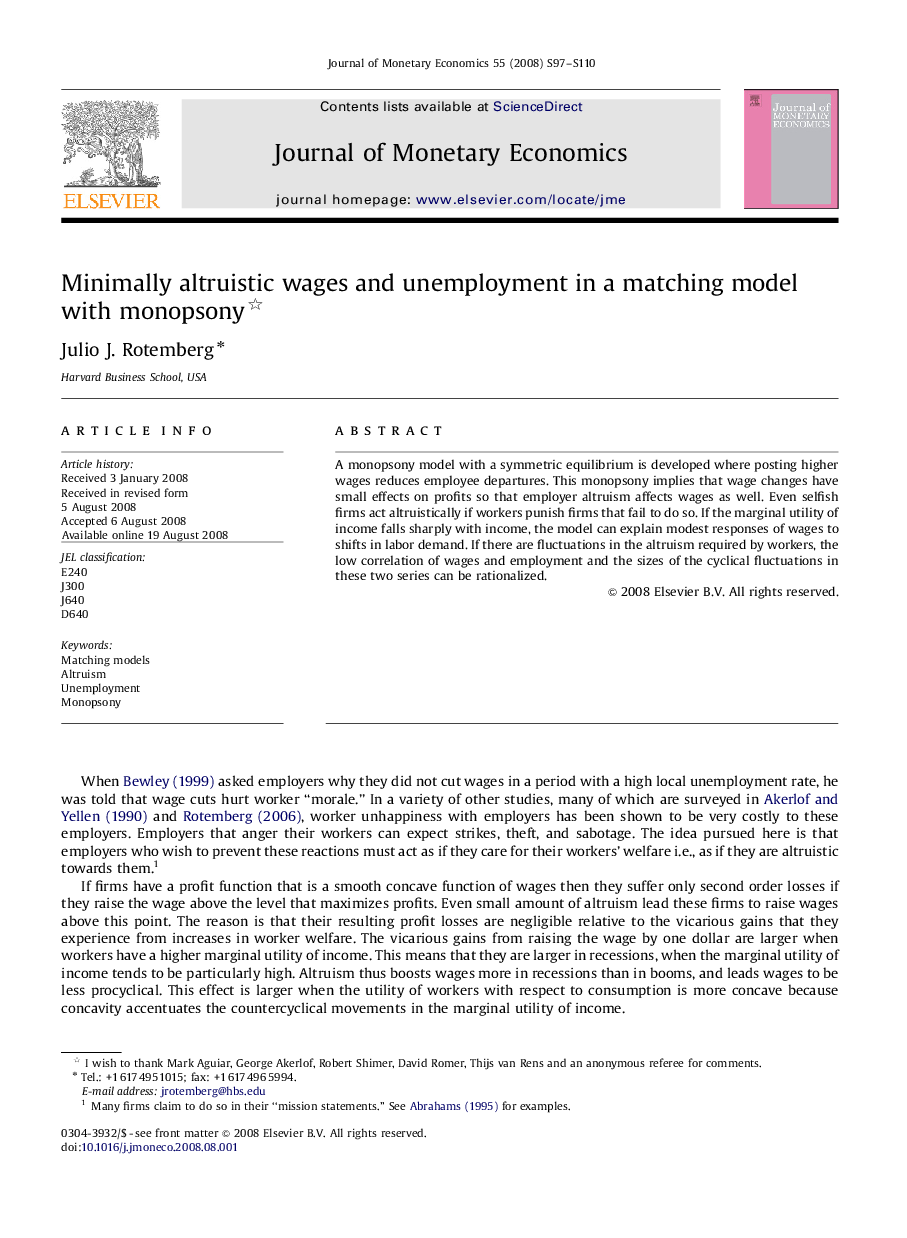 Minimally altruistic wages and unemployment in a matching model with monopsony