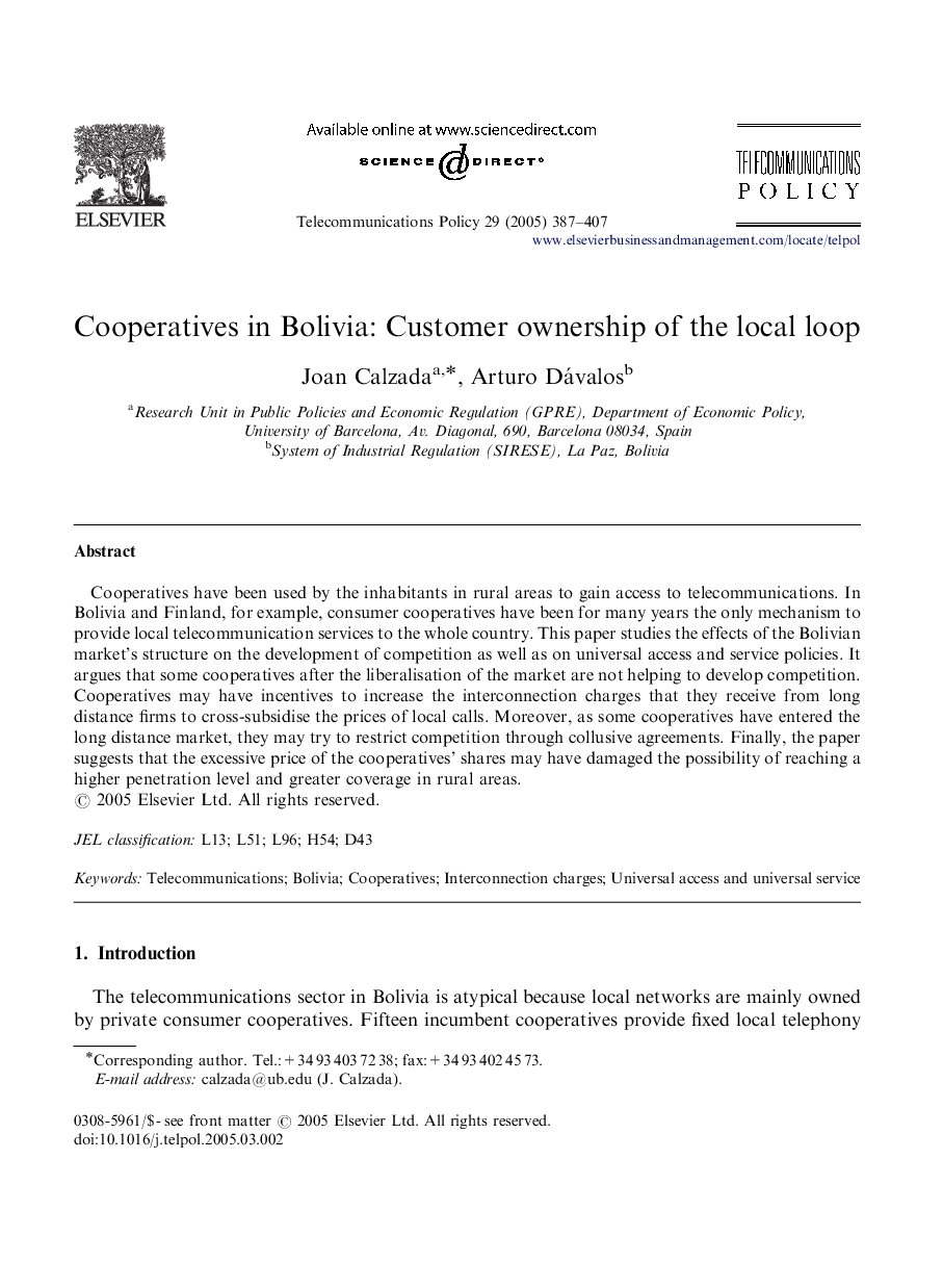 عکس صفحه اول مقاله: Cooperatives in Bolivia: Customer ownership of the local loop Cooperatives in Bolivia: Customer ownership of the local loop