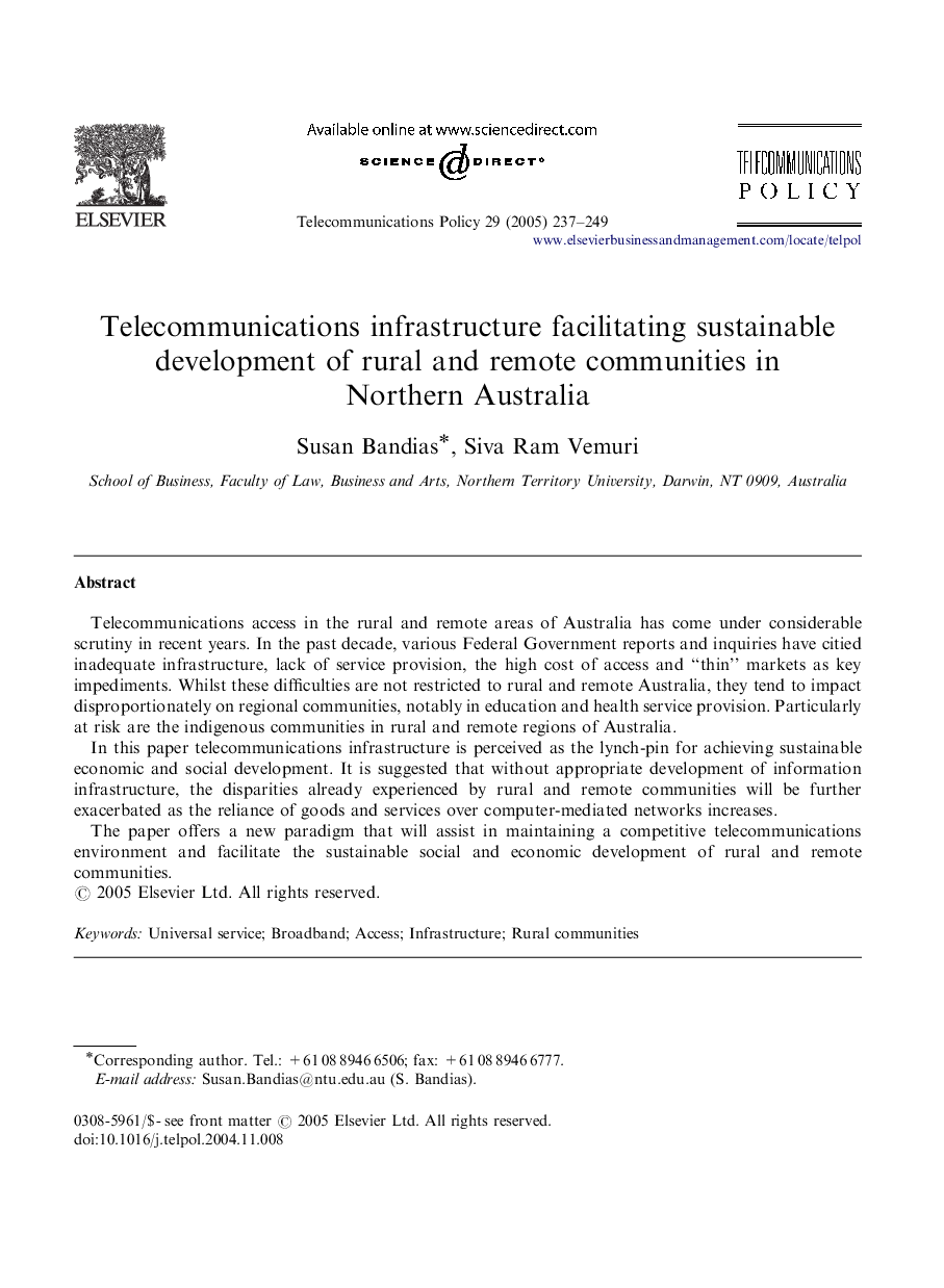 Telecommunications infrastructure facilitating sustainable development of rural and remote communities in Northern Australia