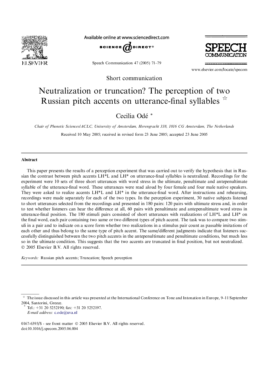 Neutralization or truncation? The perception of two Russian pitch accents on utterance-final syllables