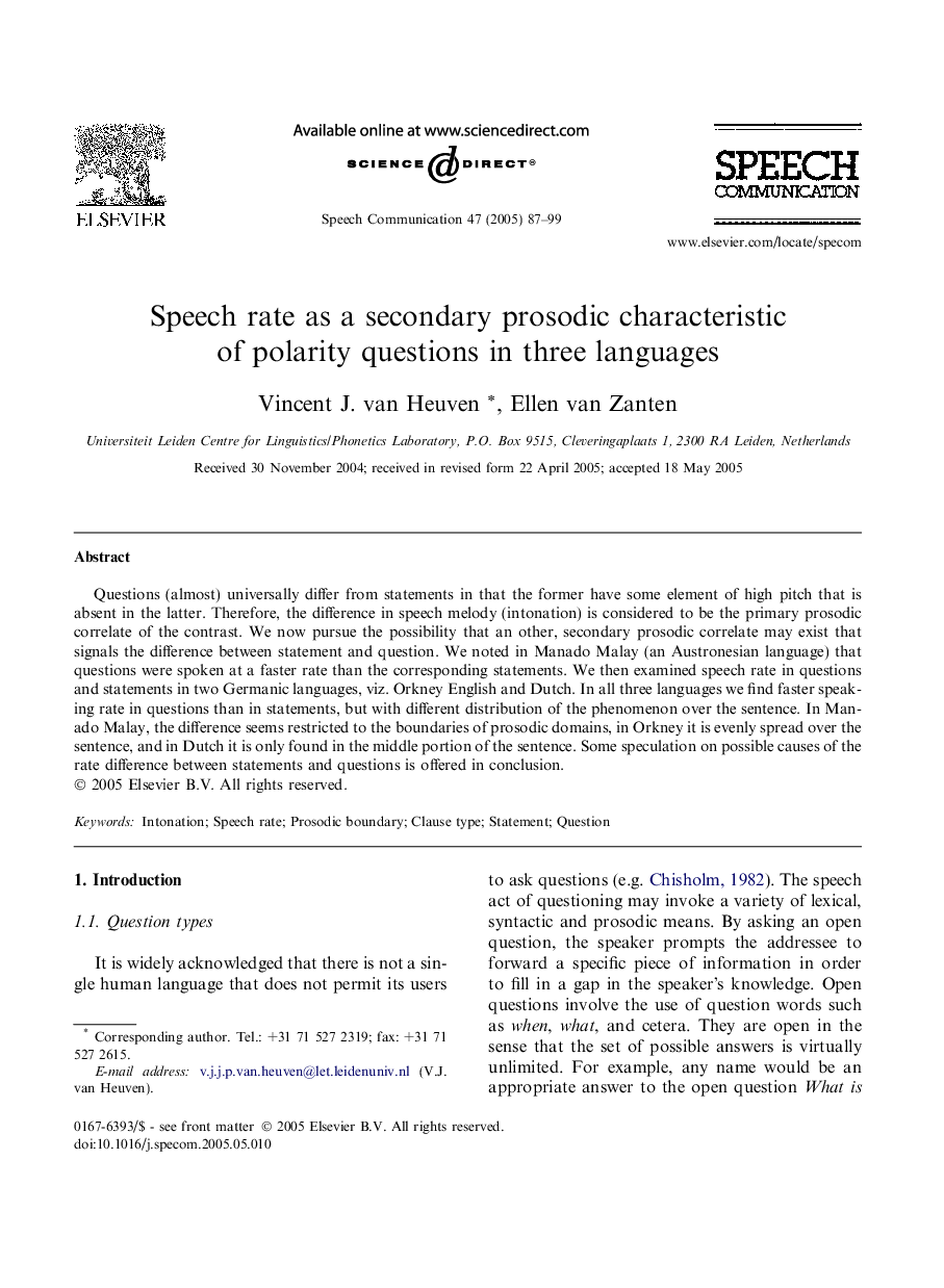 Speech rate as a secondary prosodic characteristic of polarity questions in three languages