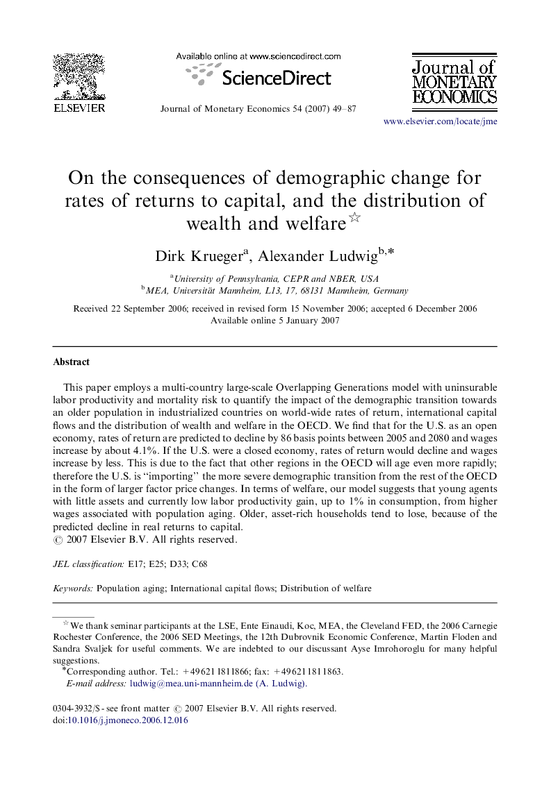 On the consequences of demographic change for rates of returns to capital, and the distribution of wealth and welfare