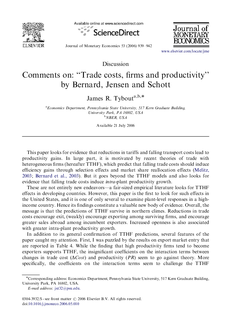 عکس صفحه اول مقاله: Comments on: “Trade costs, firms and productivity” by Bernard, Jensen and Schott Comments on: “Trade costs, firms and productivity” by Bernard, Jensen and Schott