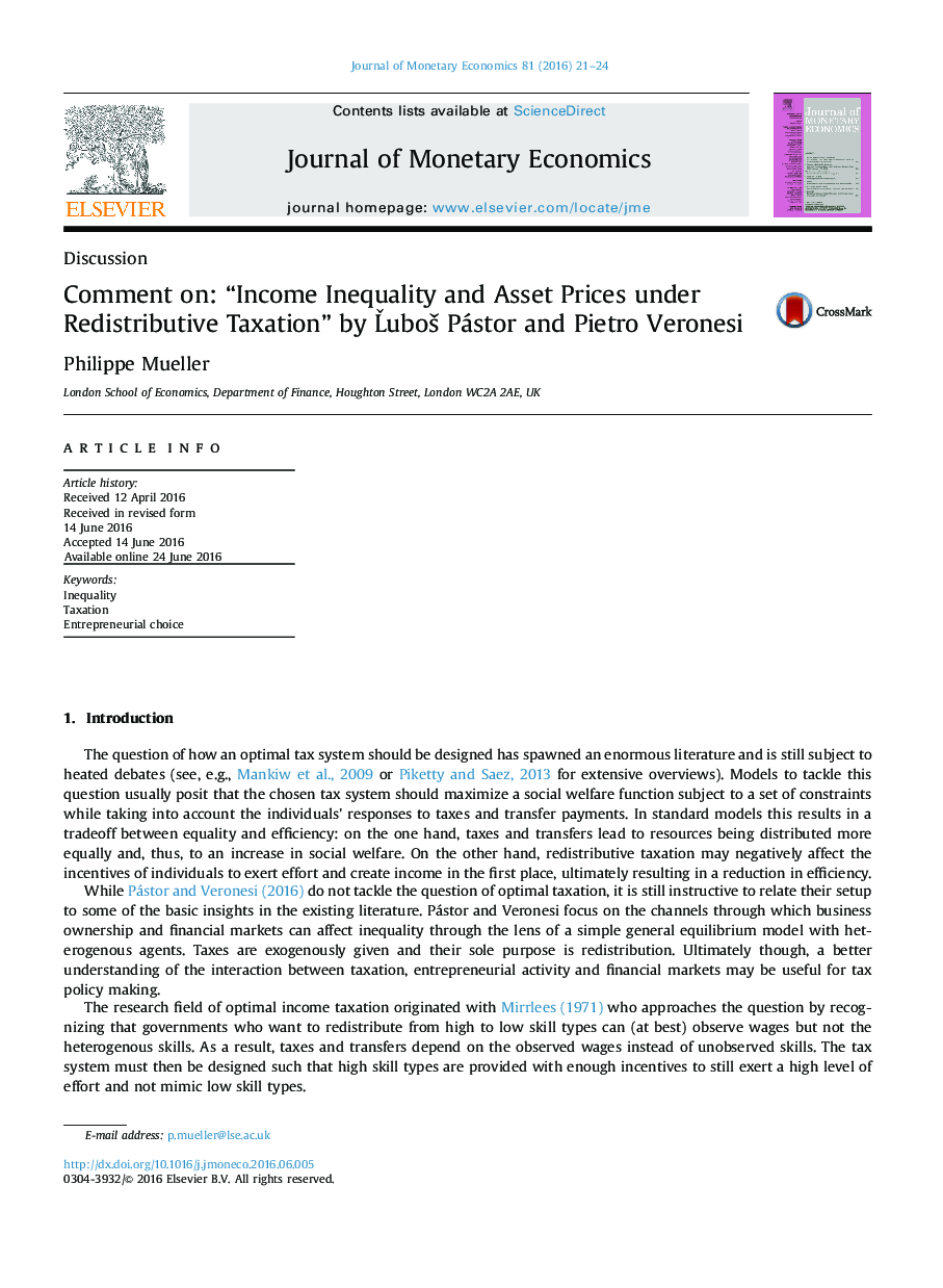 Comment on: “Income Inequality and Asset Prices under Redistributive Taxation” by Lˇuboš Pástor and Pietro Veronesi