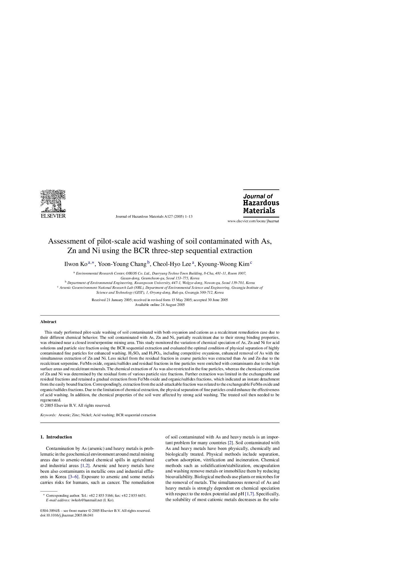 Assessment of pilot-scale acid washing of soil contaminated with As, Zn and Ni using the BCR three-step sequential extraction