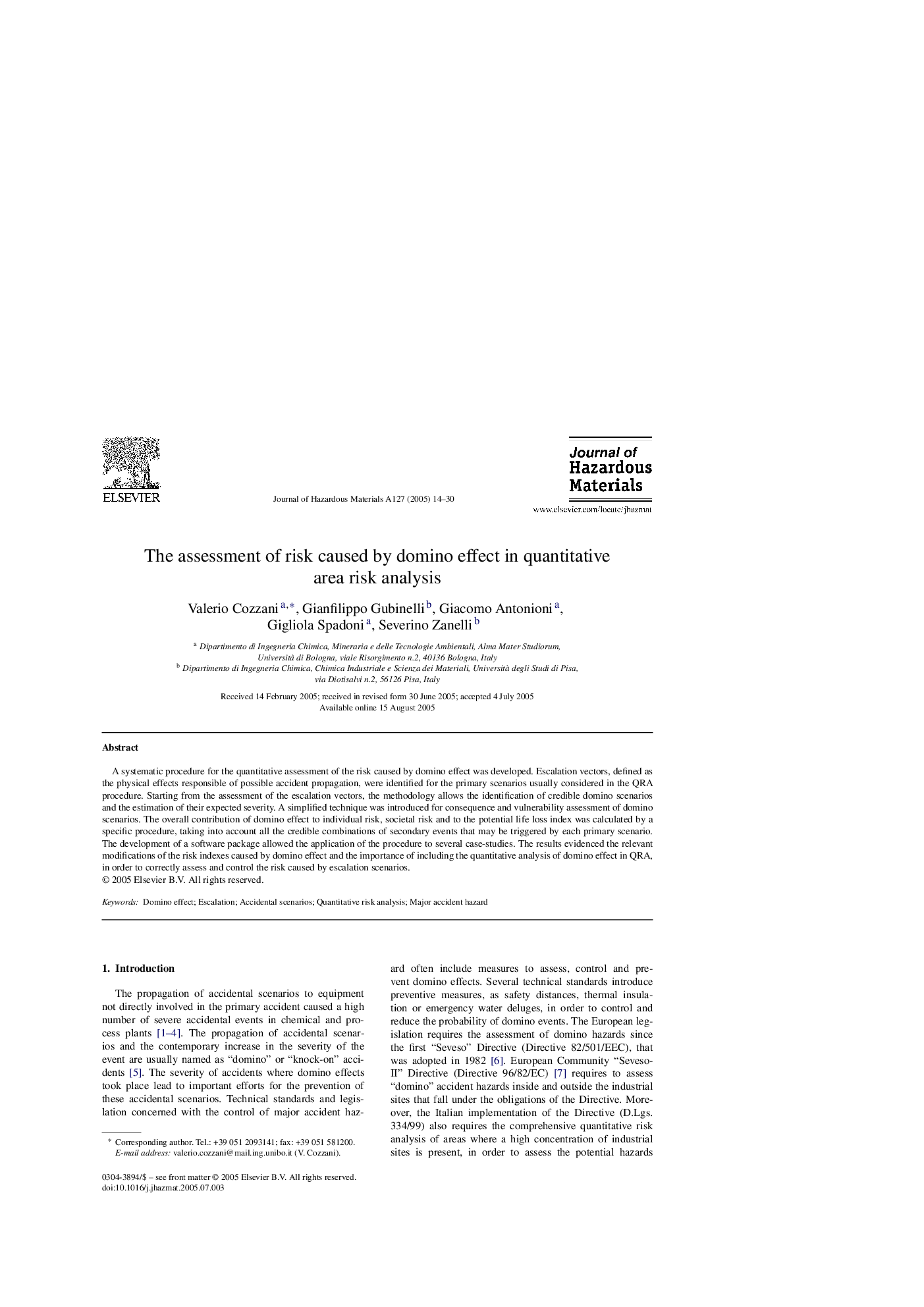 The assessment of risk caused by domino effect in quantitative area risk analysis