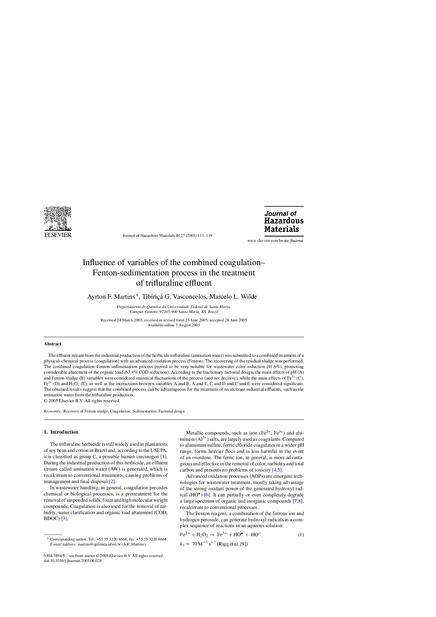 Influence of variables of the combined coagulation-Fenton-sedimentation process in the treatment of trifluraline effluent