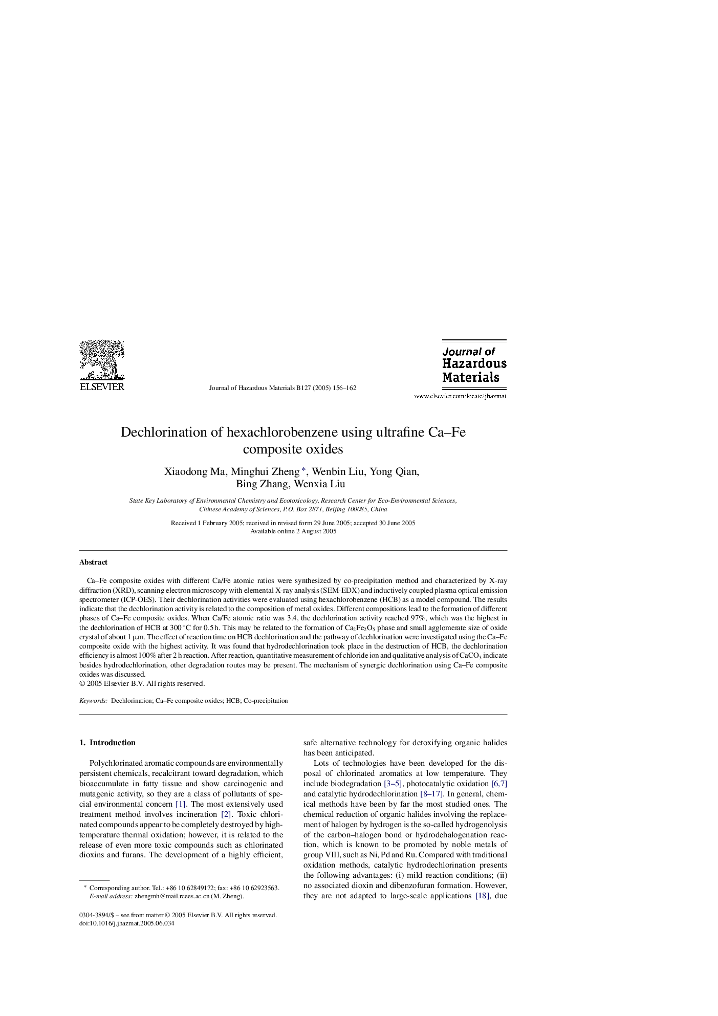 Dechlorination of hexachlorobenzene using ultrafine Ca-Fe composite oxides