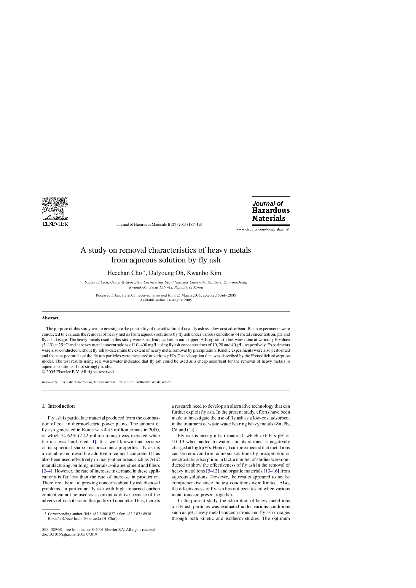 A study on removal characteristics of heavy metals from aqueous solution by fly ash