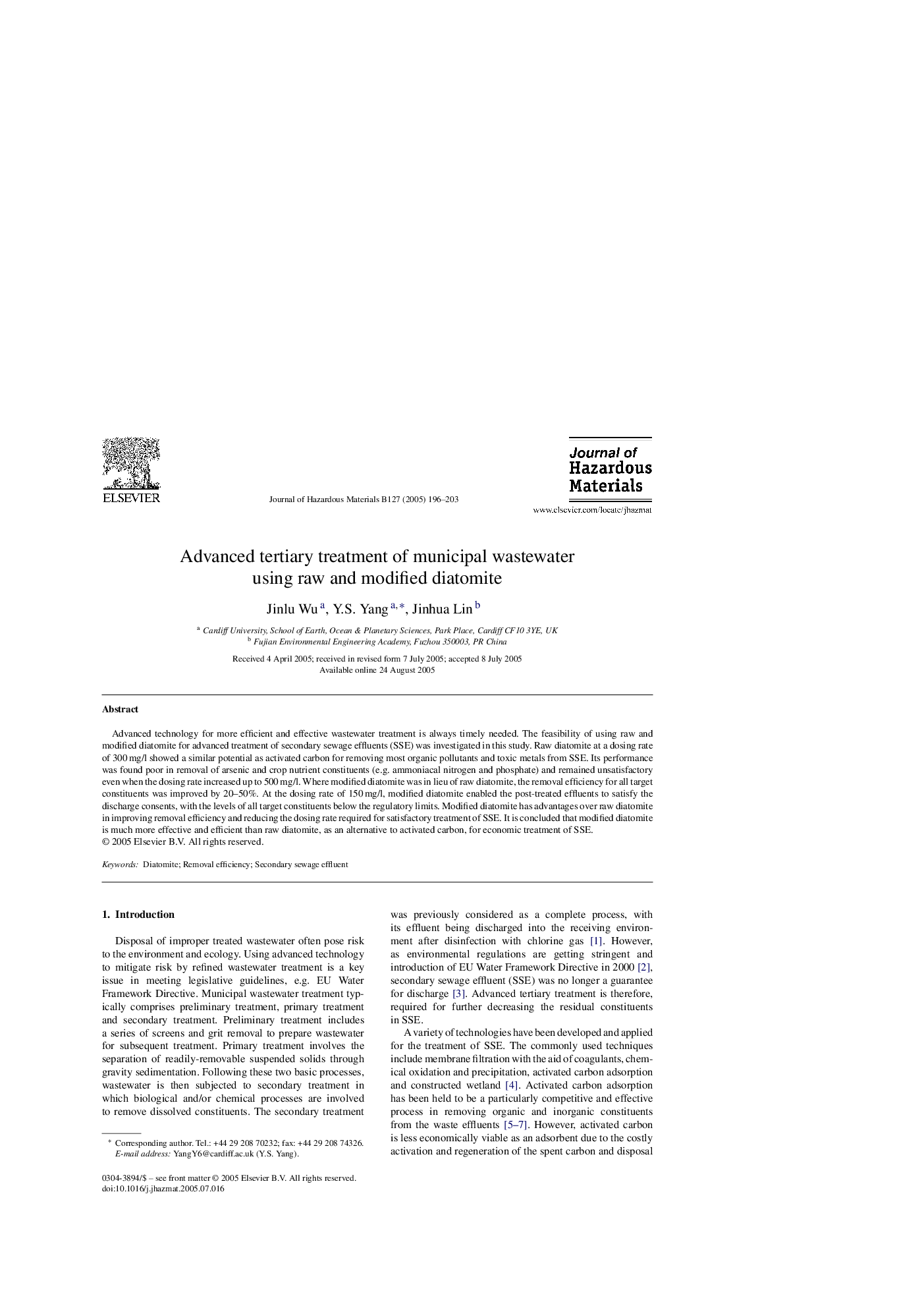 Advanced tertiary treatment of municipal wastewater using raw and modified diatomite