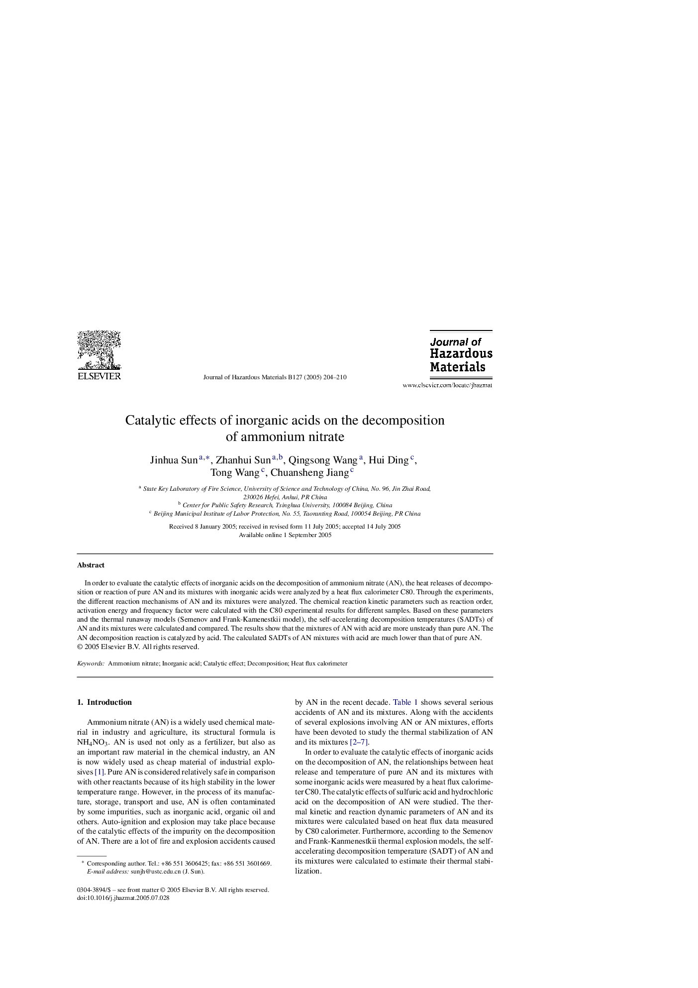 Catalytic effects of inorganic acids on the decomposition of ammonium nitrate