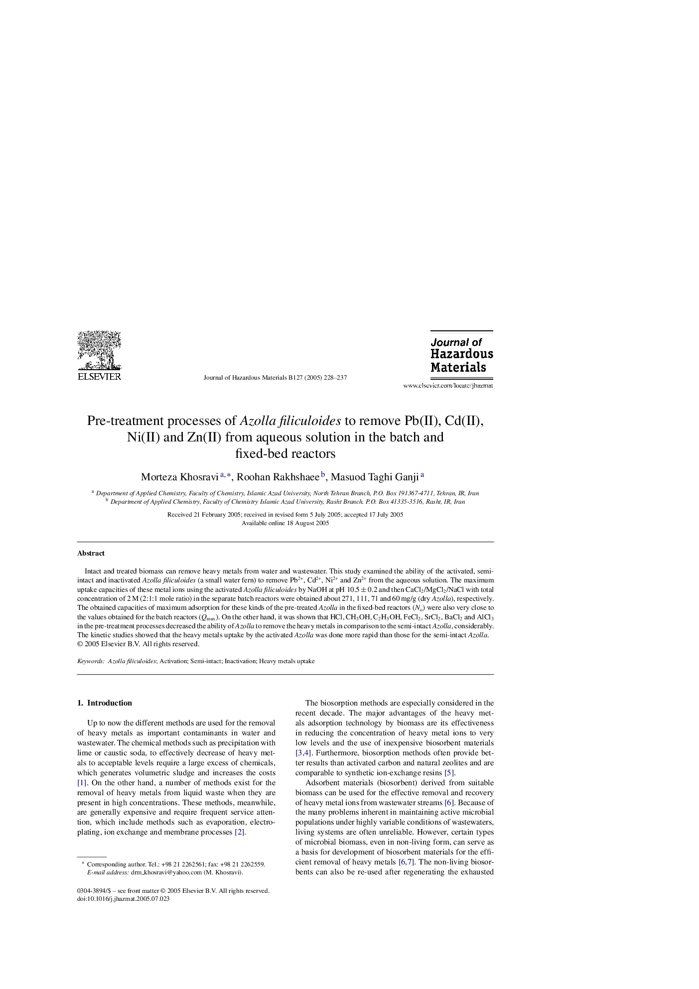 Pre-treatment processes of Azolla filiculoides to remove Pb(II), Cd(II), Ni(II) and Zn(II) from aqueous solution in the batch and fixed-bed reactors