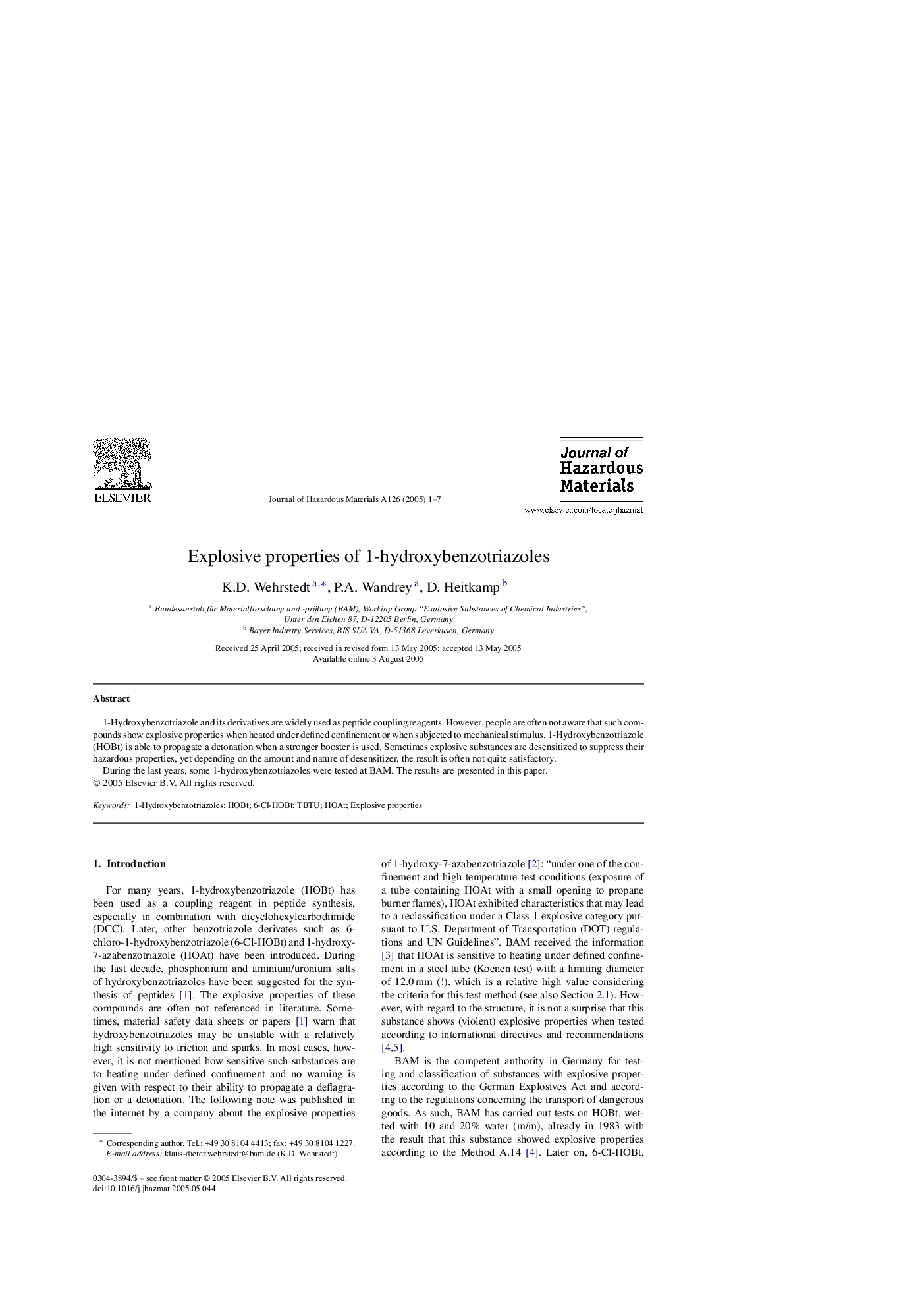 Explosive properties of 1-hydroxybenzotriazoles