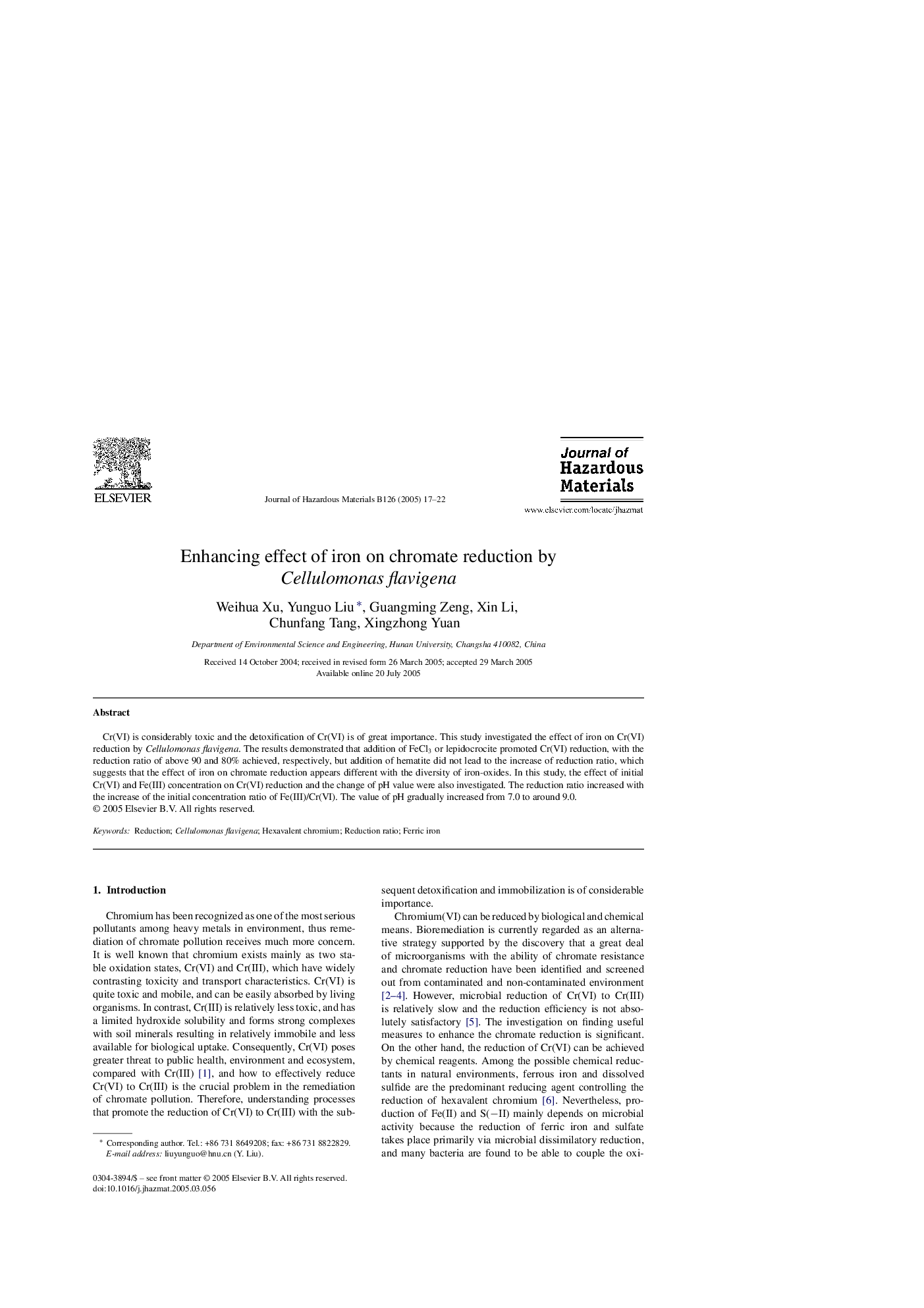 Enhancing effect of iron on chromate reduction by Cellulomonas flavigena