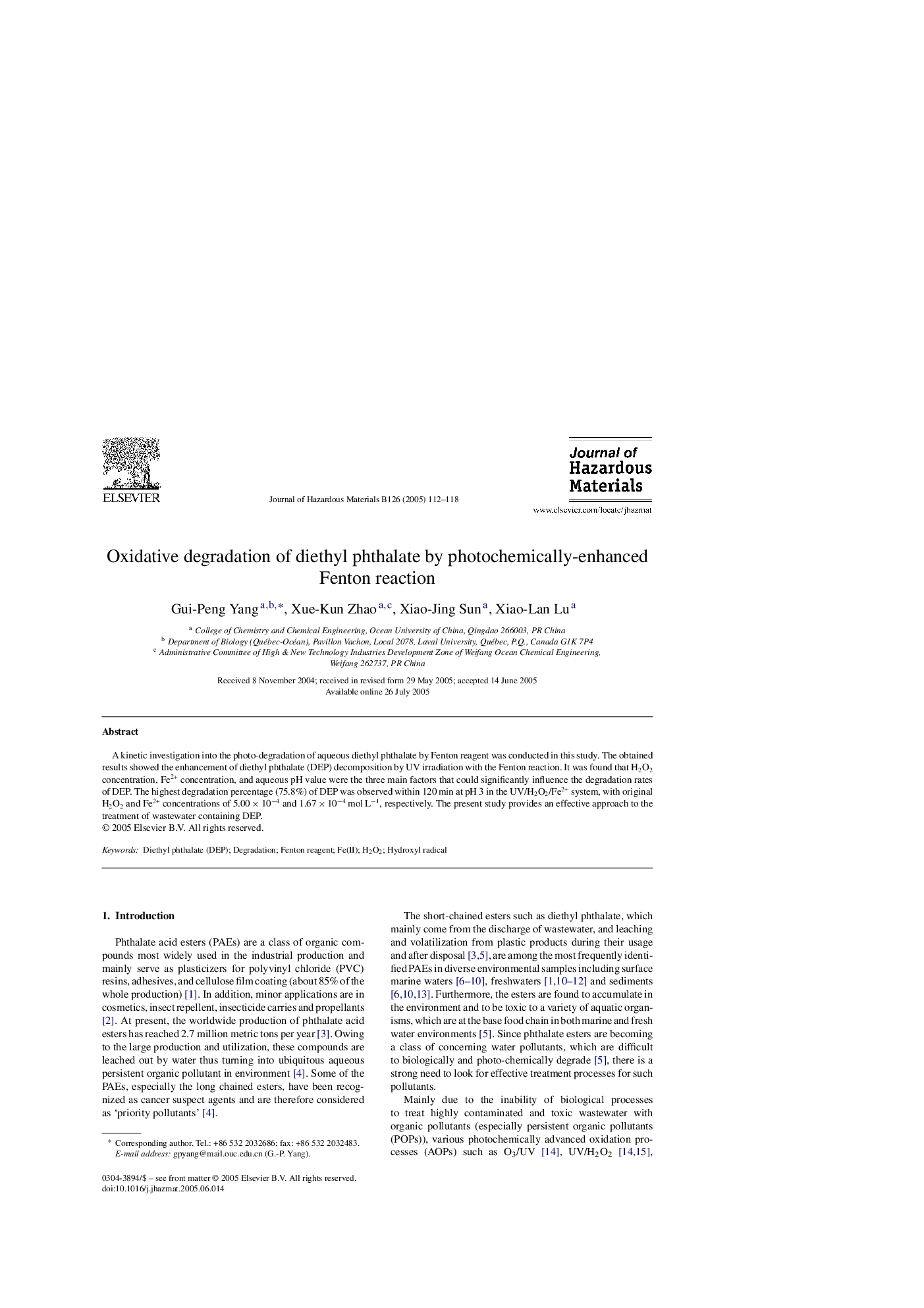 Oxidative degradation of diethyl phthalate by photochemically-enhanced Fenton reaction