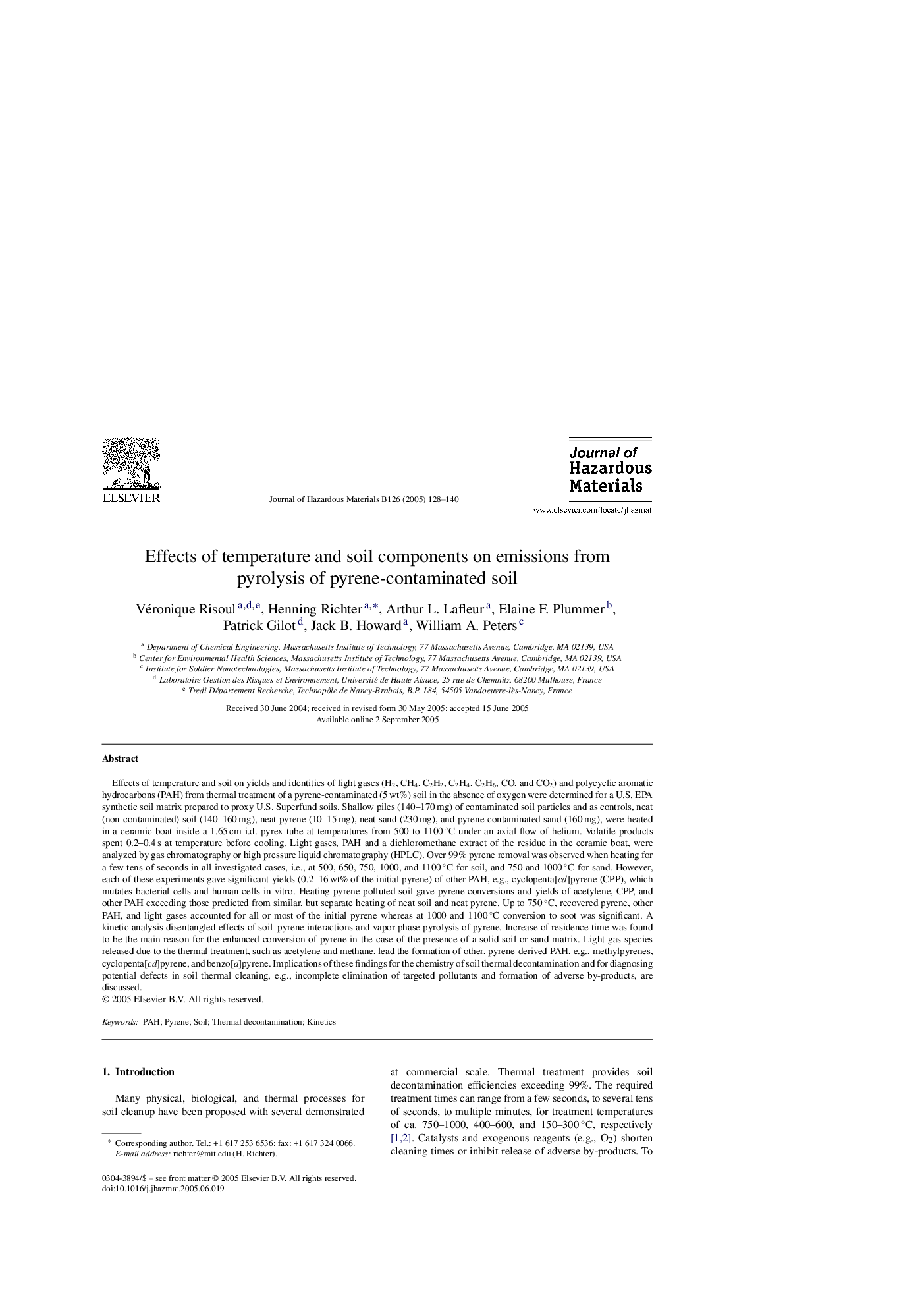 Effects of temperature and soil components on emissions from pyrolysis of pyrene-contaminated soil