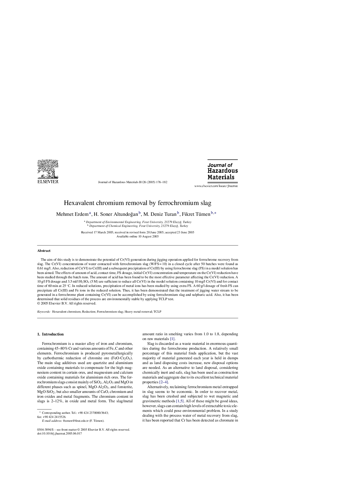 Hexavalent chromium removal by ferrochromium slag