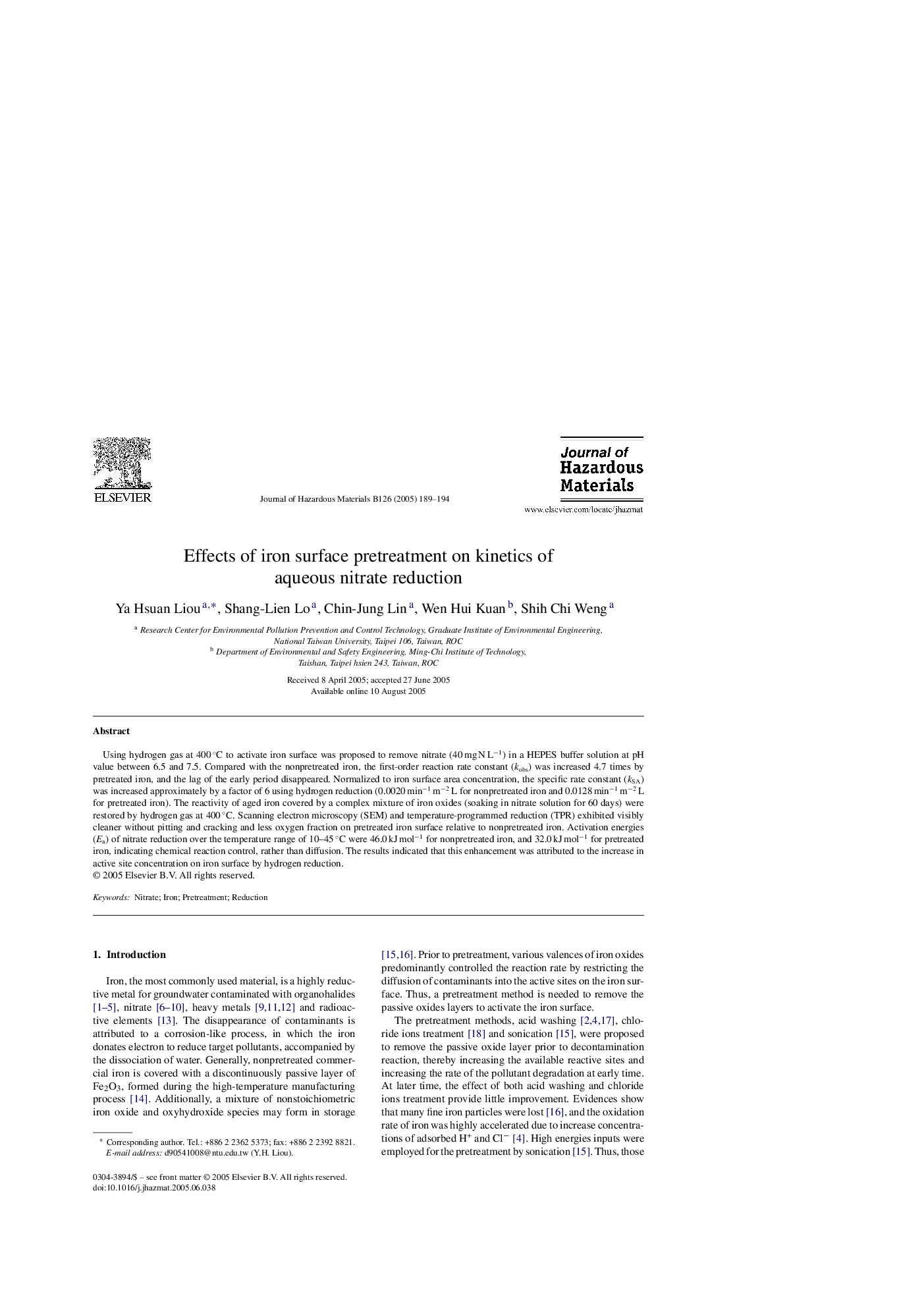 Effects of iron surface pretreatment on kinetics of aqueous nitrate reduction