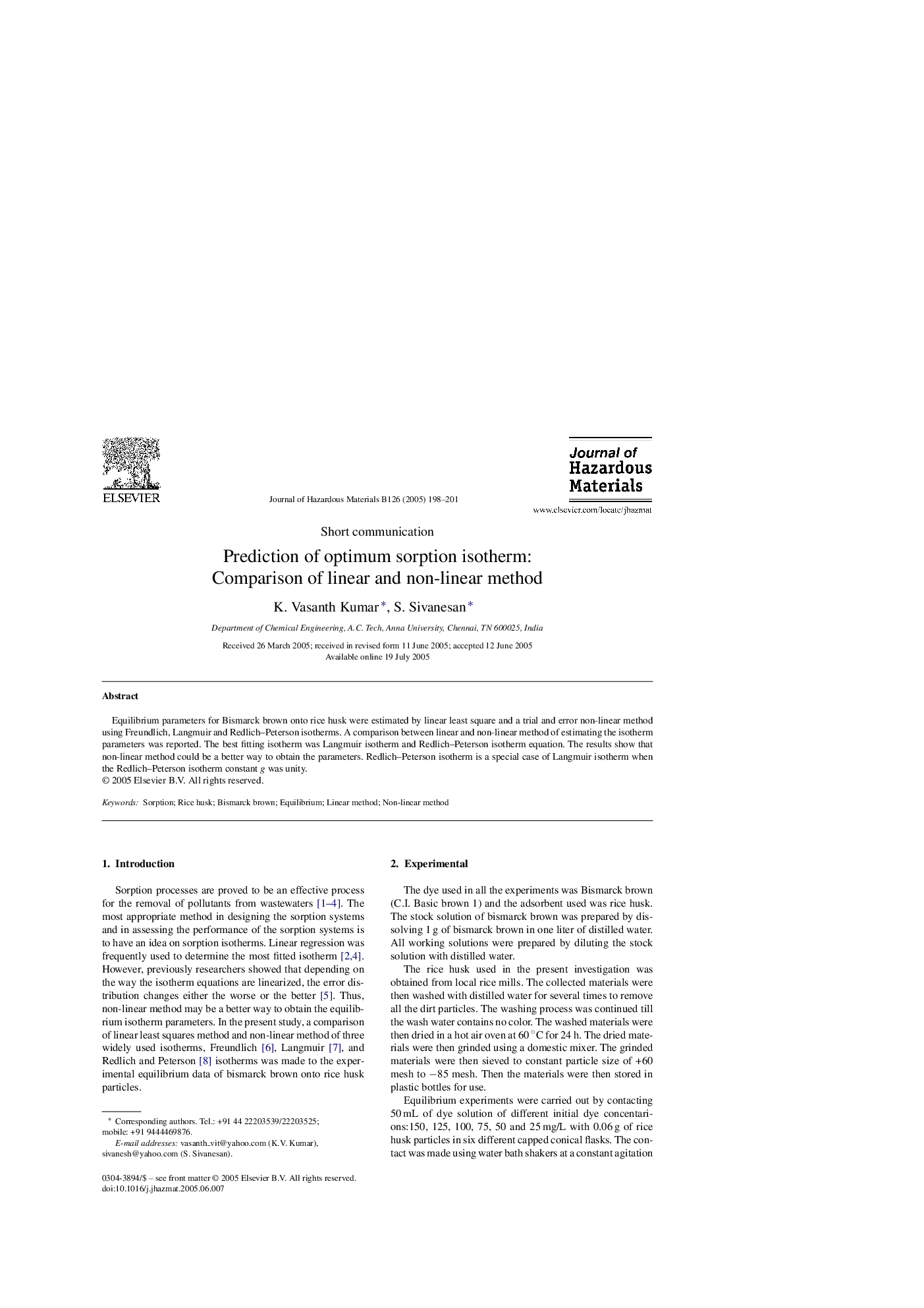 Prediction of optimum sorption isotherm: Comparison of linear and non-linear method