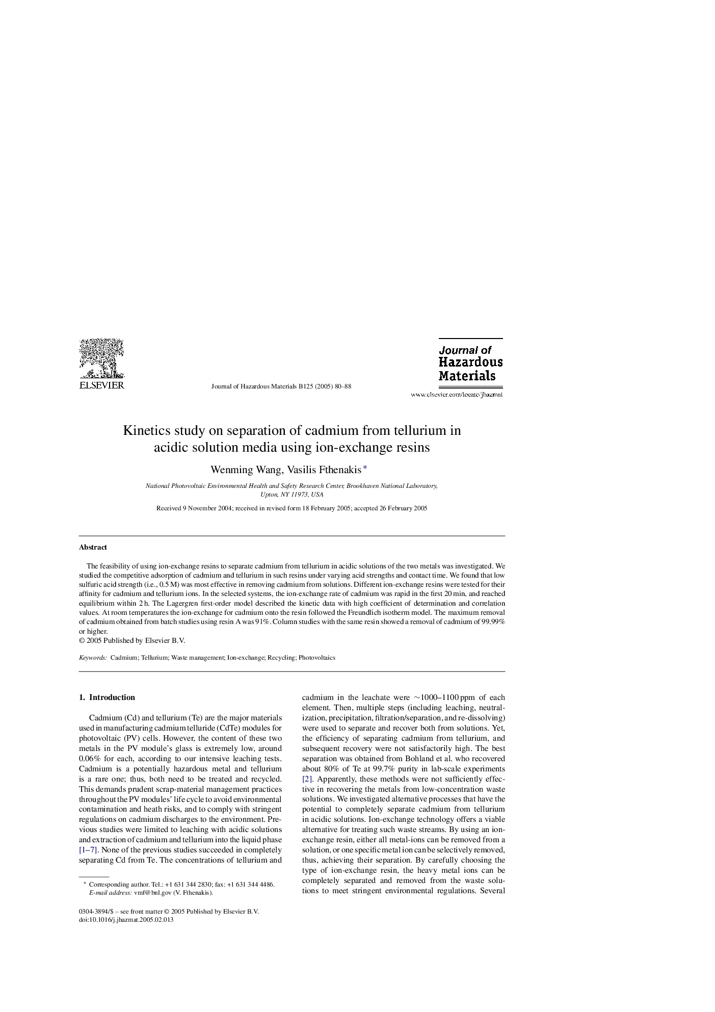 Kinetics study on separation of cadmium from tellurium in acidic solution media using ion-exchange resins