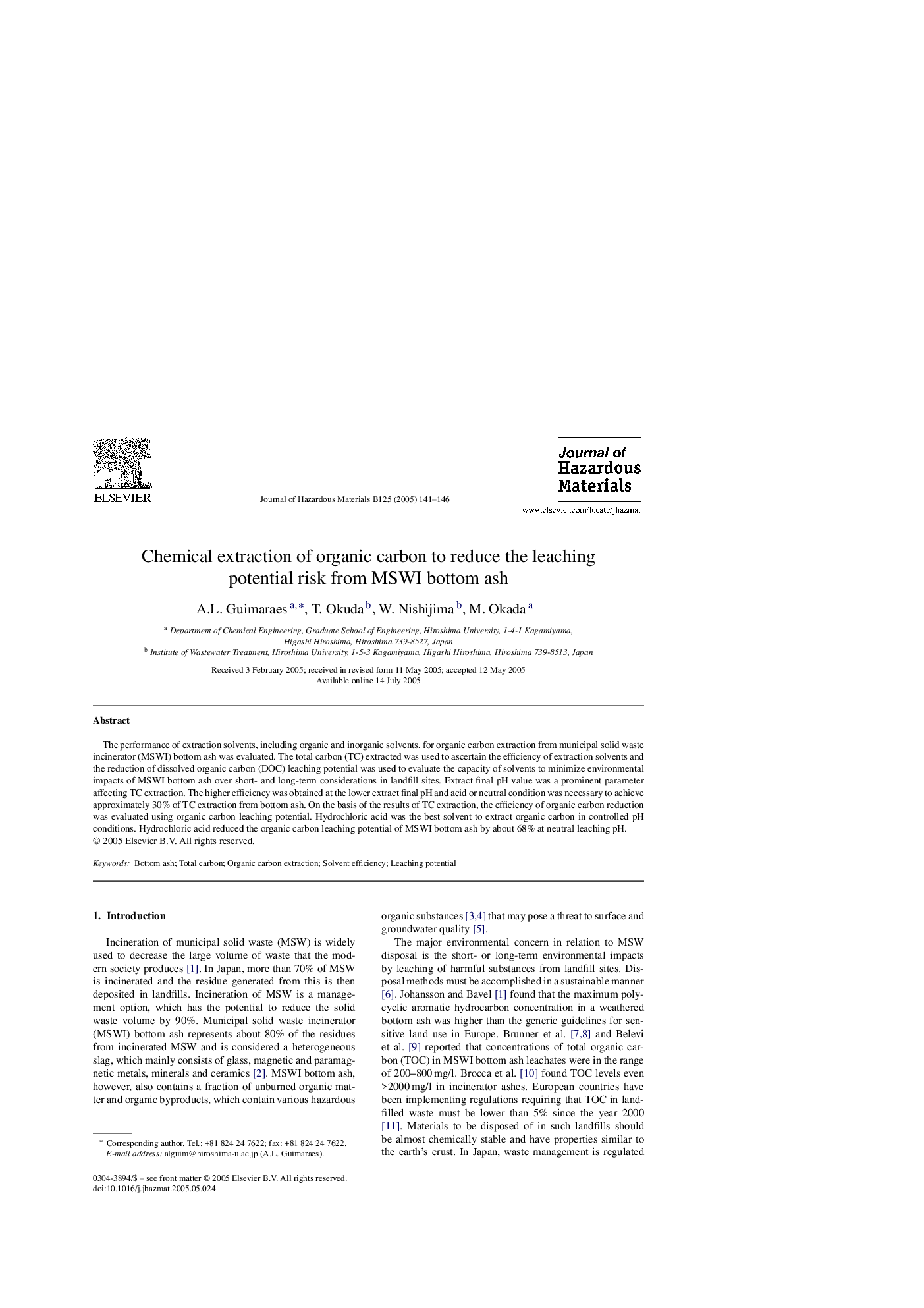 Chemical extraction of organic carbon to reduce the leaching potential risk from MSWI bottom ash