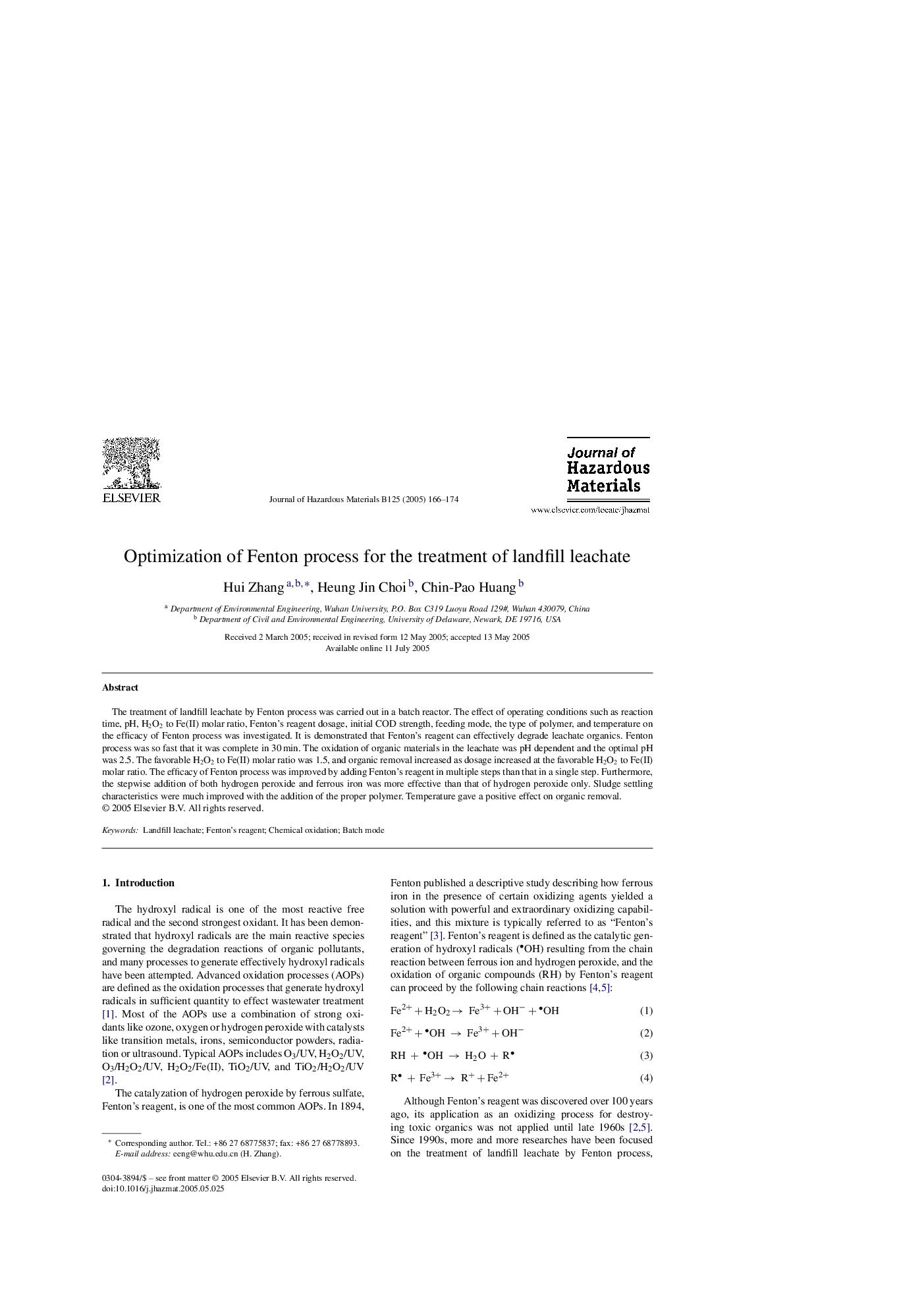 Optimization of Fenton process for the treatment of landfill leachate