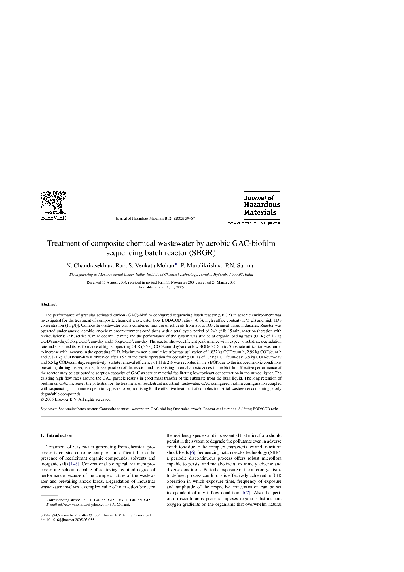 Treatment of composite chemical wastewater by aerobic GAC-biofilm sequencing batch reactor (SBGR)