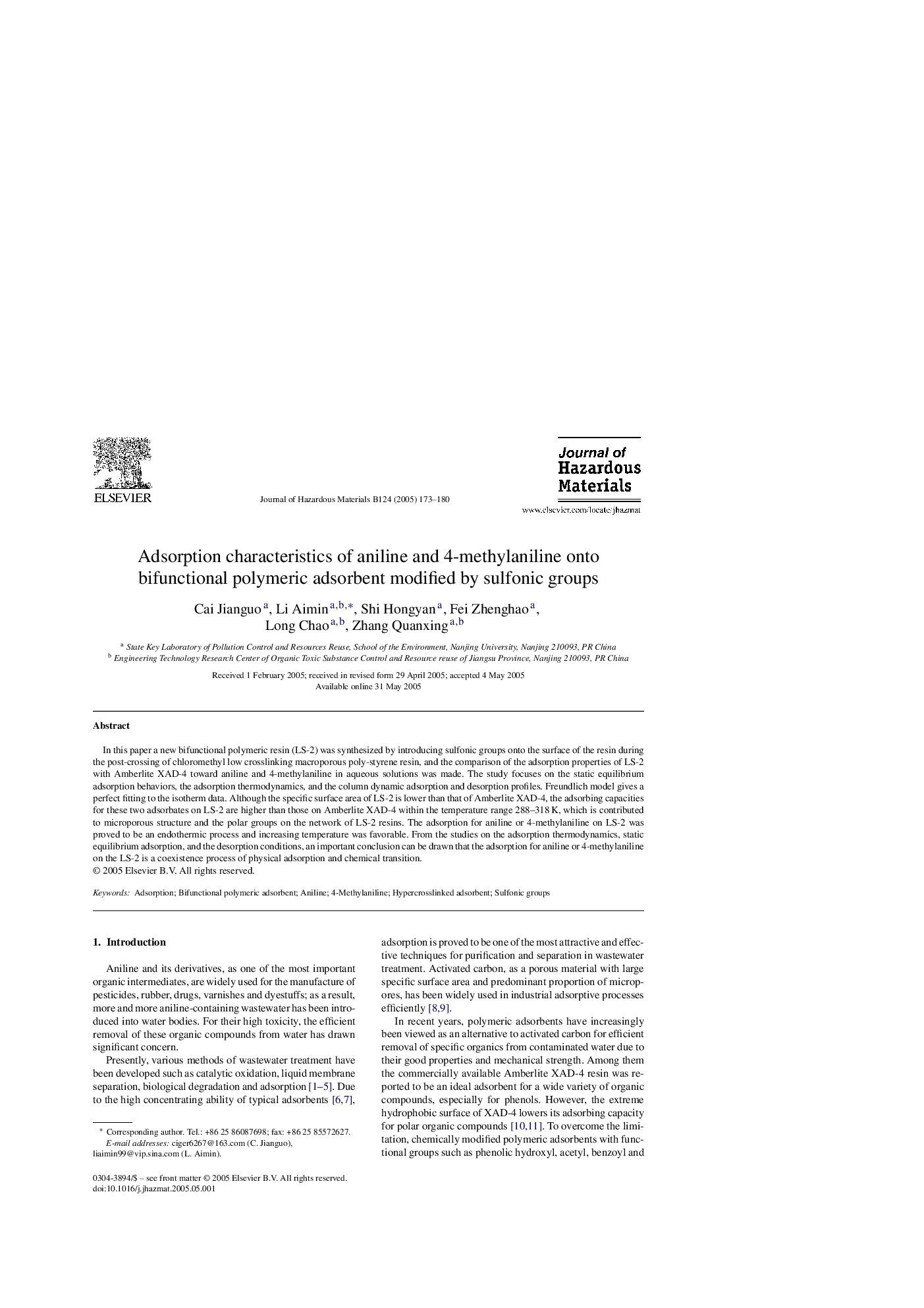 Adsorption characteristics of aniline and 4-methylaniline onto bifunctional polymeric adsorbent modified by sulfonic groups