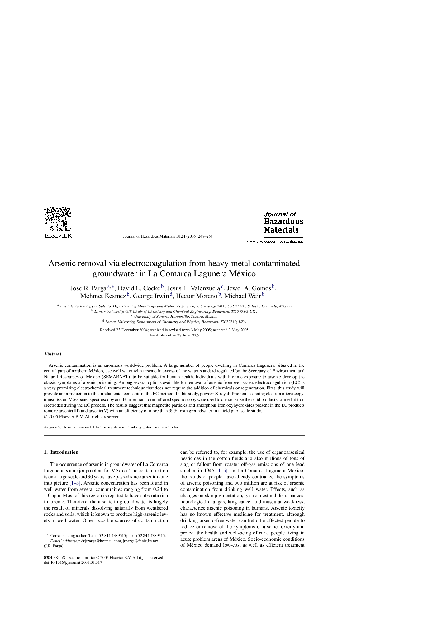 Arsenic removal via electrocoagulation from heavy metal contaminated groundwater in La Comarca Lagunera México