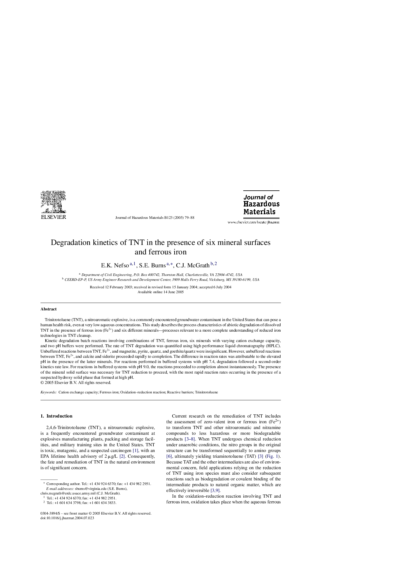 Degradation kinetics of TNT in the presence of six mineral surfaces and ferrous iron