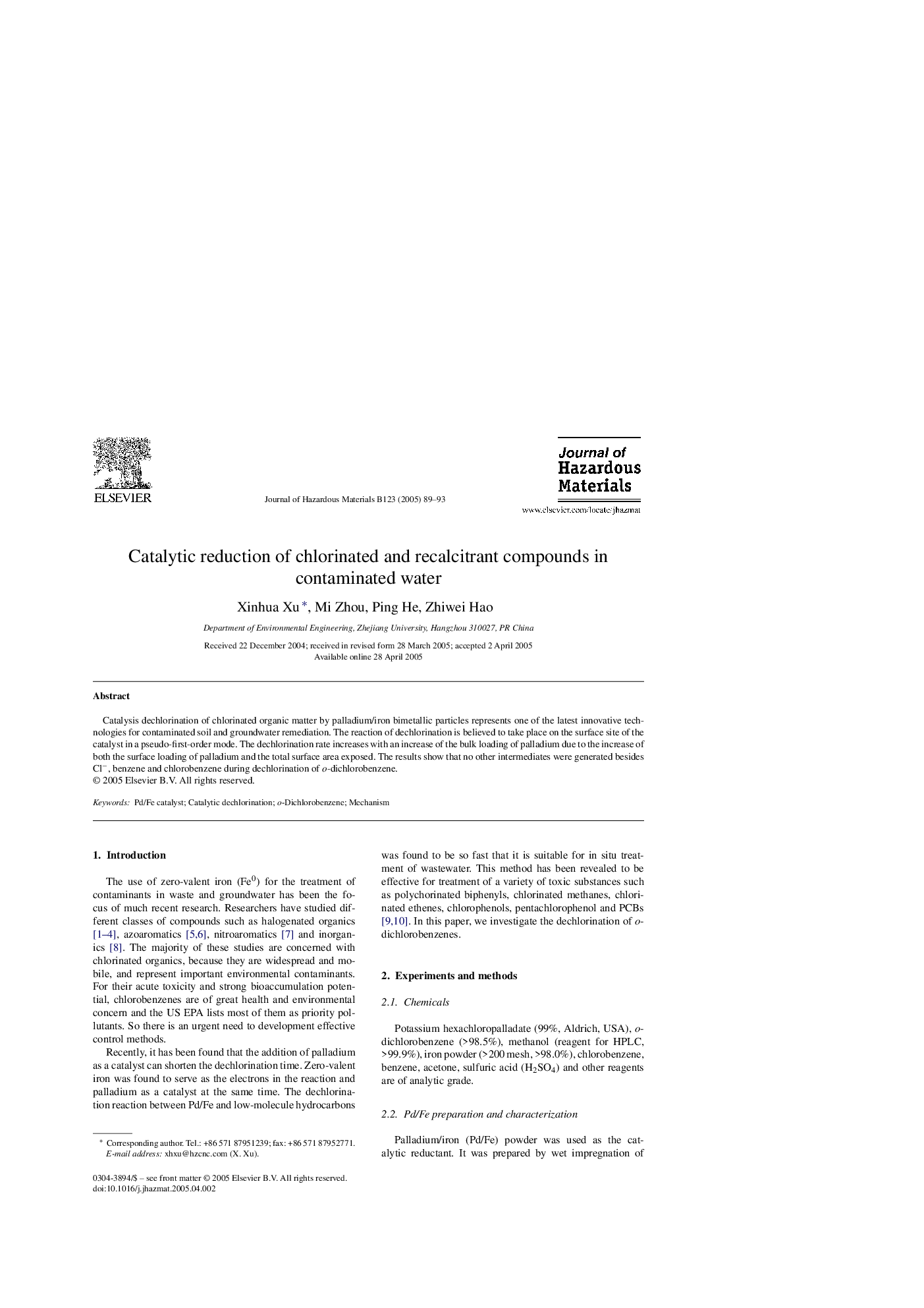 عکس صفحه اول مقاله: Catalytic reduction of chlorinated and recalcitrant compounds in contaminated water Catalytic reduction of chlorinated and recalcitrant compounds in contaminated water