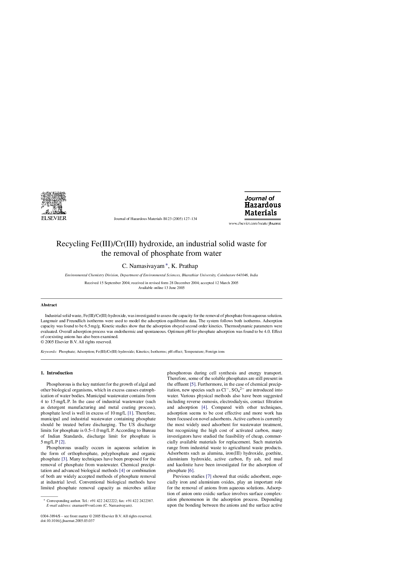 Recycling Fe(III)/Cr(III) hydroxide, an industrial solid waste for the removal of phosphate from water