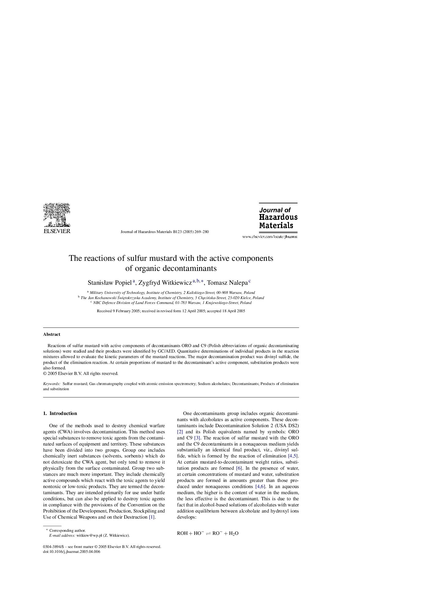 The reactions of sulfur mustard with the active components of organic decontaminants