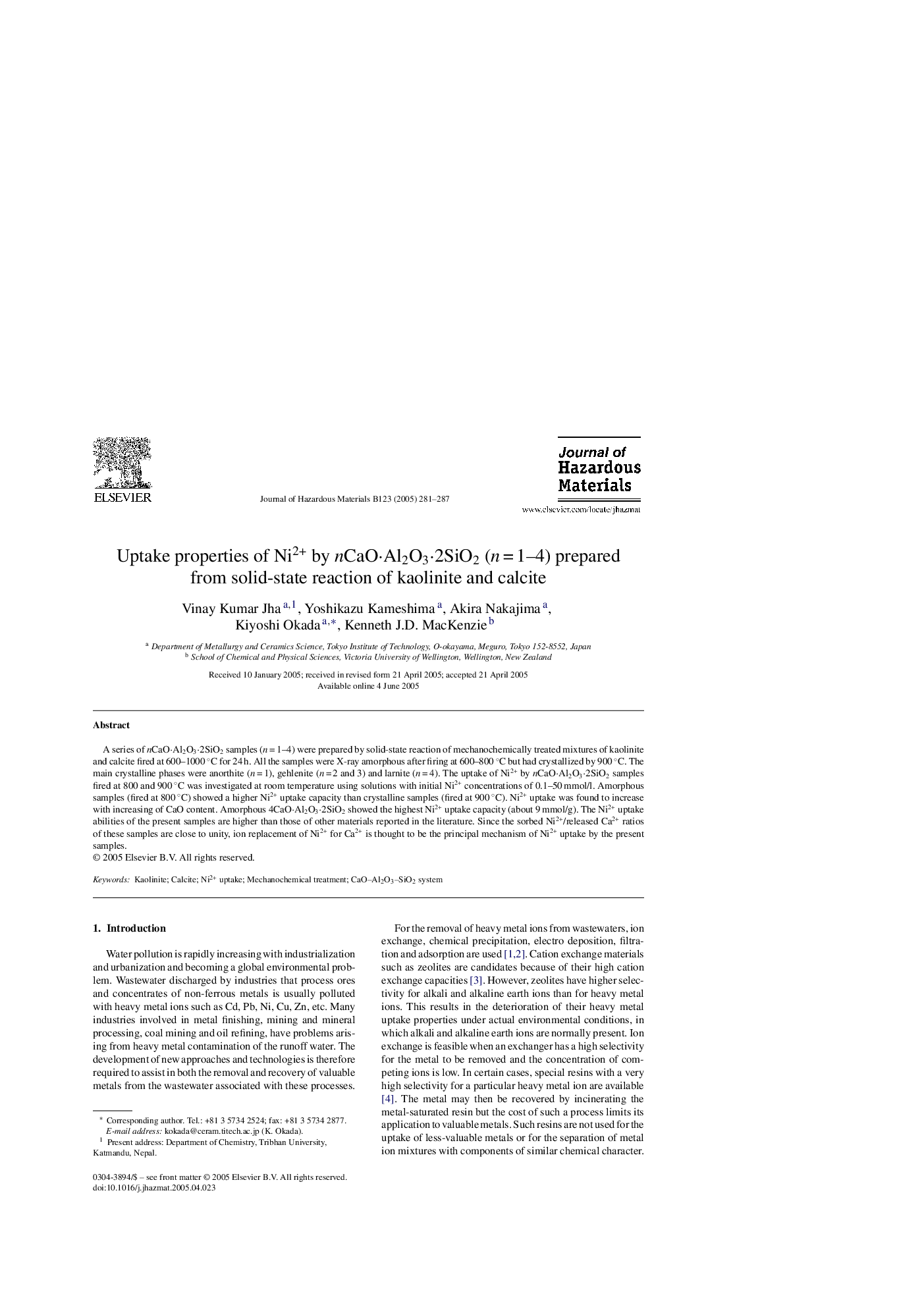 Uptake properties of Ni2+ by nCaOÂ·Al2O3Â·2SiO2 (nÂ =Â 1-4) prepared from solid-state reaction of kaolinite and calcite