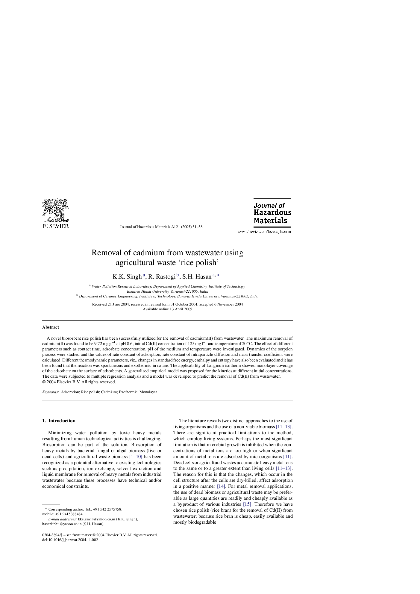 Removal of cadmium from wastewater using agricultural waste 'rice polish'